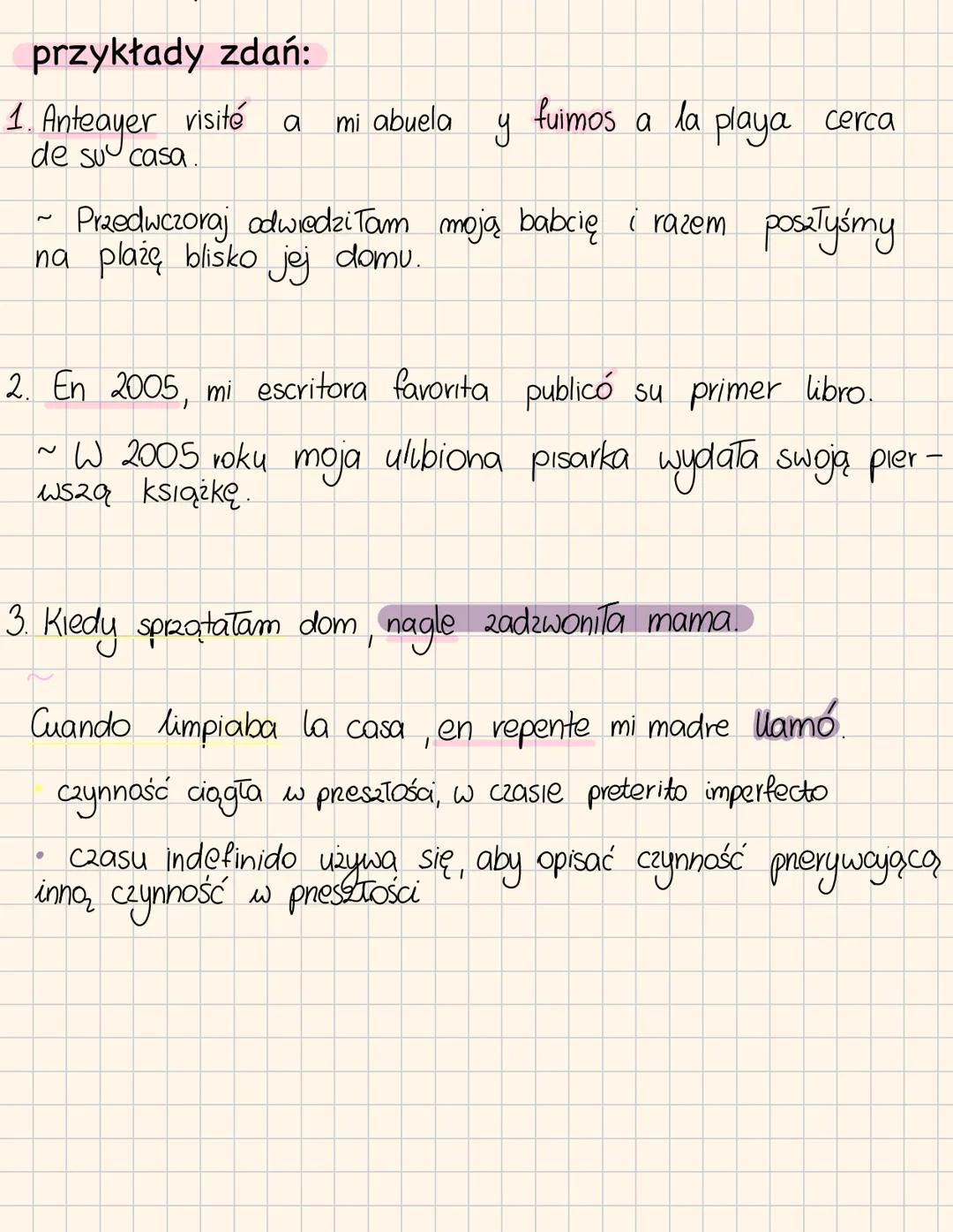 PRETERITO INDEFINIDO
Użycie
Czasu pretérito indefinido używamy gdy mówimy o
czynnościach zakończonych w przeszłości, niezwiązanych
2 teraźni