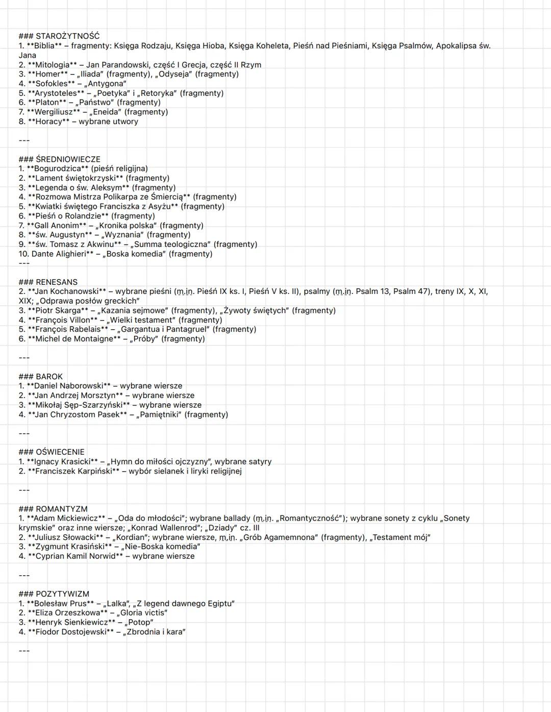 Zakres lektur maturalnych z opisem epok.