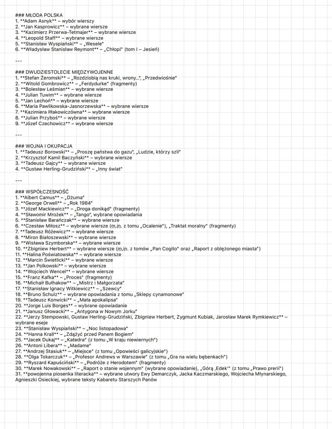 ### STAROŻYTNOŚĆ
1. **Biblia** fragmenty: Księga Rodzaju, Księga Hioba, Księga Koheleta, Pieśń nad Pieśniami, Księga Psalmów, Apokalipsa św.