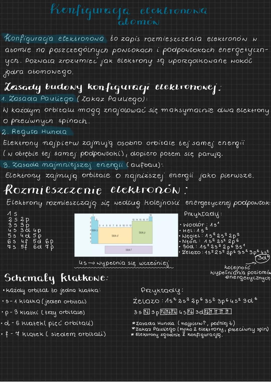 Konfiguracja elektronowa
atomów
Konfiguracja elektronowa to zapis rozmieszczenia elektronów w
atomie na poszczególnych powłokach i podpowłok