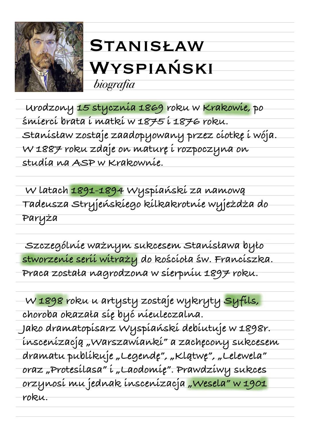STANISŁAW
WYSPIAŃSKI
biografia
urodzony 15 stycznia 1869 roku w Krakowie, po
śmierci brata í matki w 1875 i 1876 roku.
Stanisław zostaje zaa