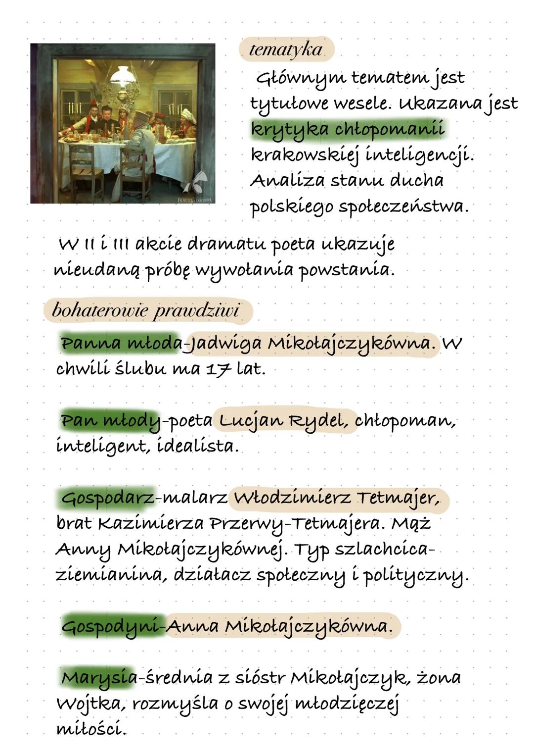 WESELE
STANISŁAW WYSPIAŃSKI
gatunek
Dramat synkretyczny
geneza utworu
Wyspiański napisał „Wesele” na podstawie
prawdziwego wydżenia z 20 na