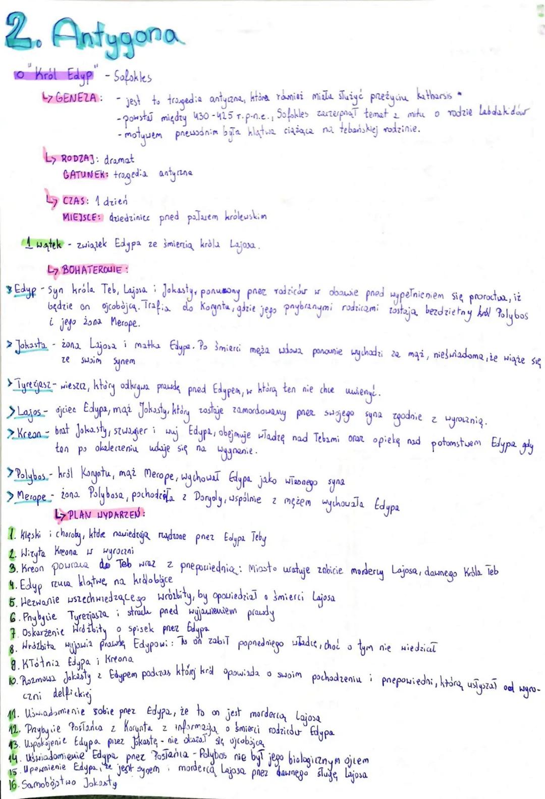 2. Antygona
10 "Król Edyp" - Sofokles
>GENEZA: - jest to tragedia antyczna, która miała służyć przeżyciu katharsis.
- powstał między 430-425