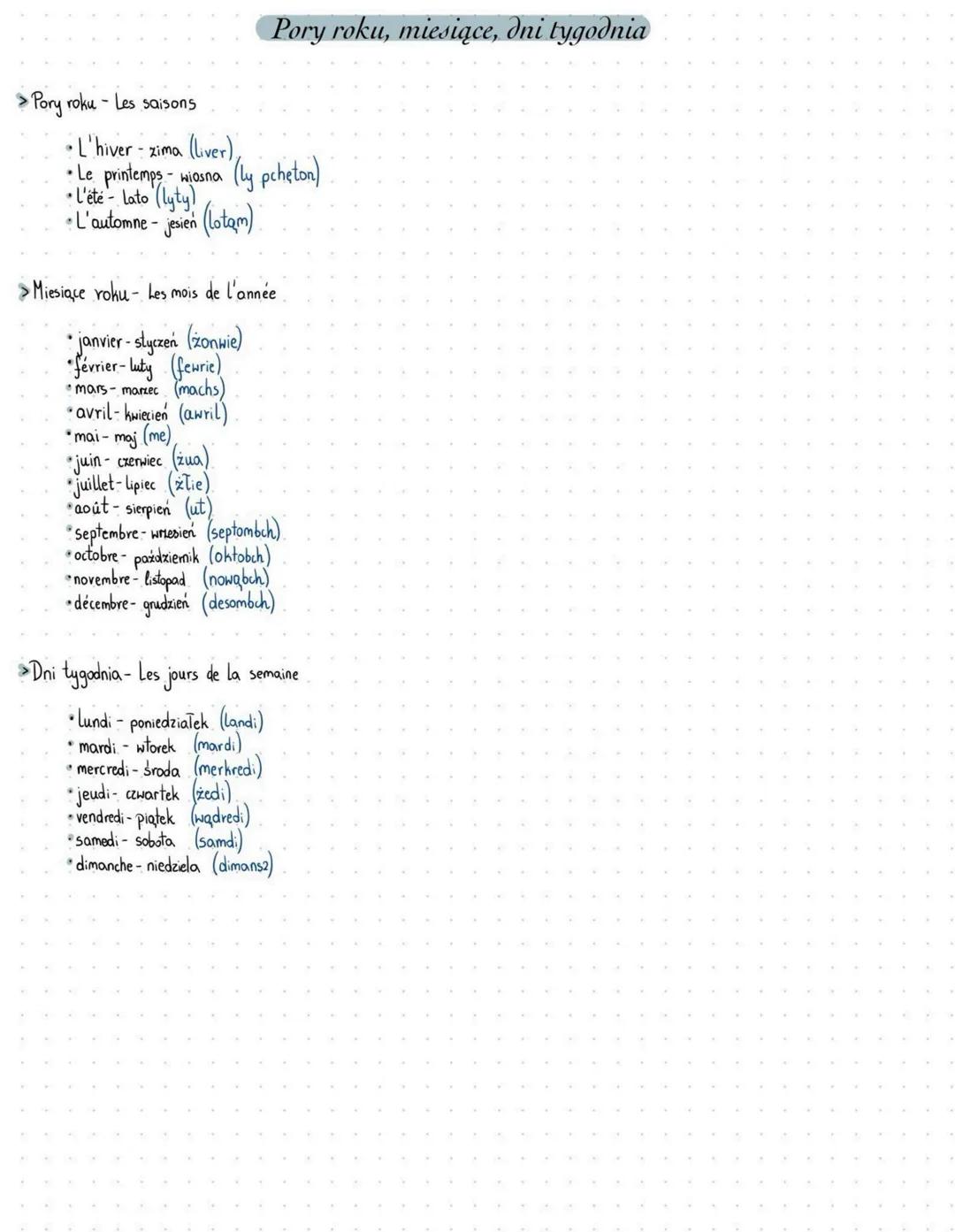 Pory roku, miesiące i dni tygodnia po francusku