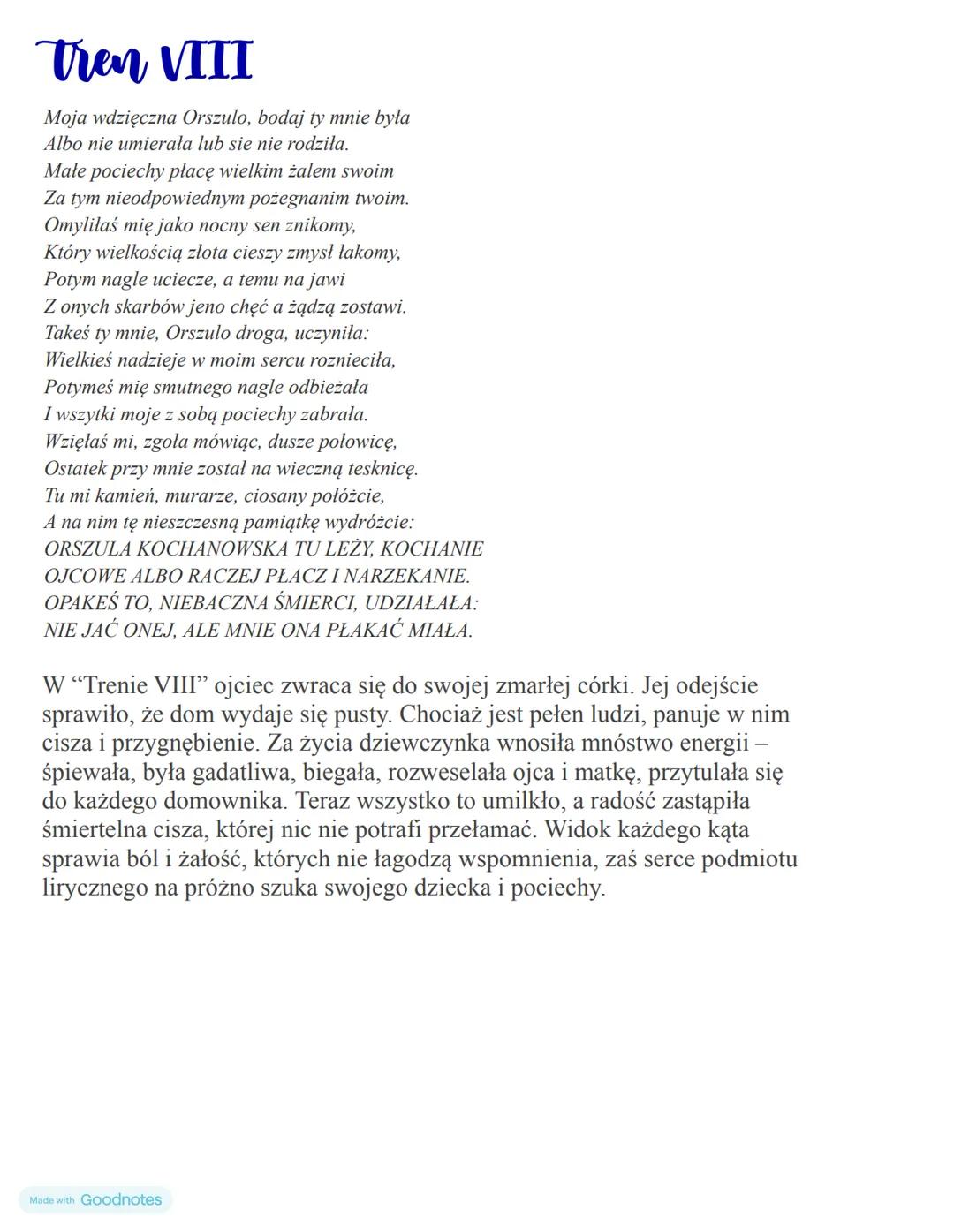 ## Treny
~ Jan Kochanowski
## Tren jako gatunek literacki:
Tren to gatunek literacki, opisujący żal, smutek, odczuwany po śmierci ważnej au