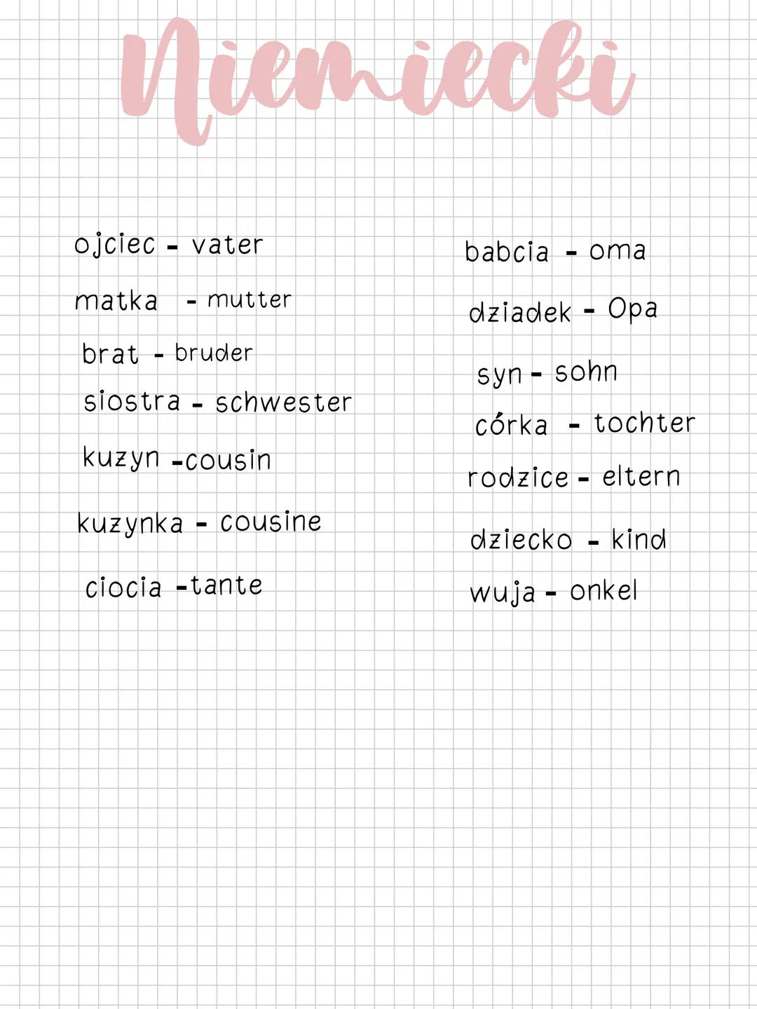 Niemiecki
ojjciec - vater
babcia - oma
matka - mutter
dziadek - Opa
brat - bruder
syn - sohn
siostra - schwester
córka - tochter
kuzyn -cous