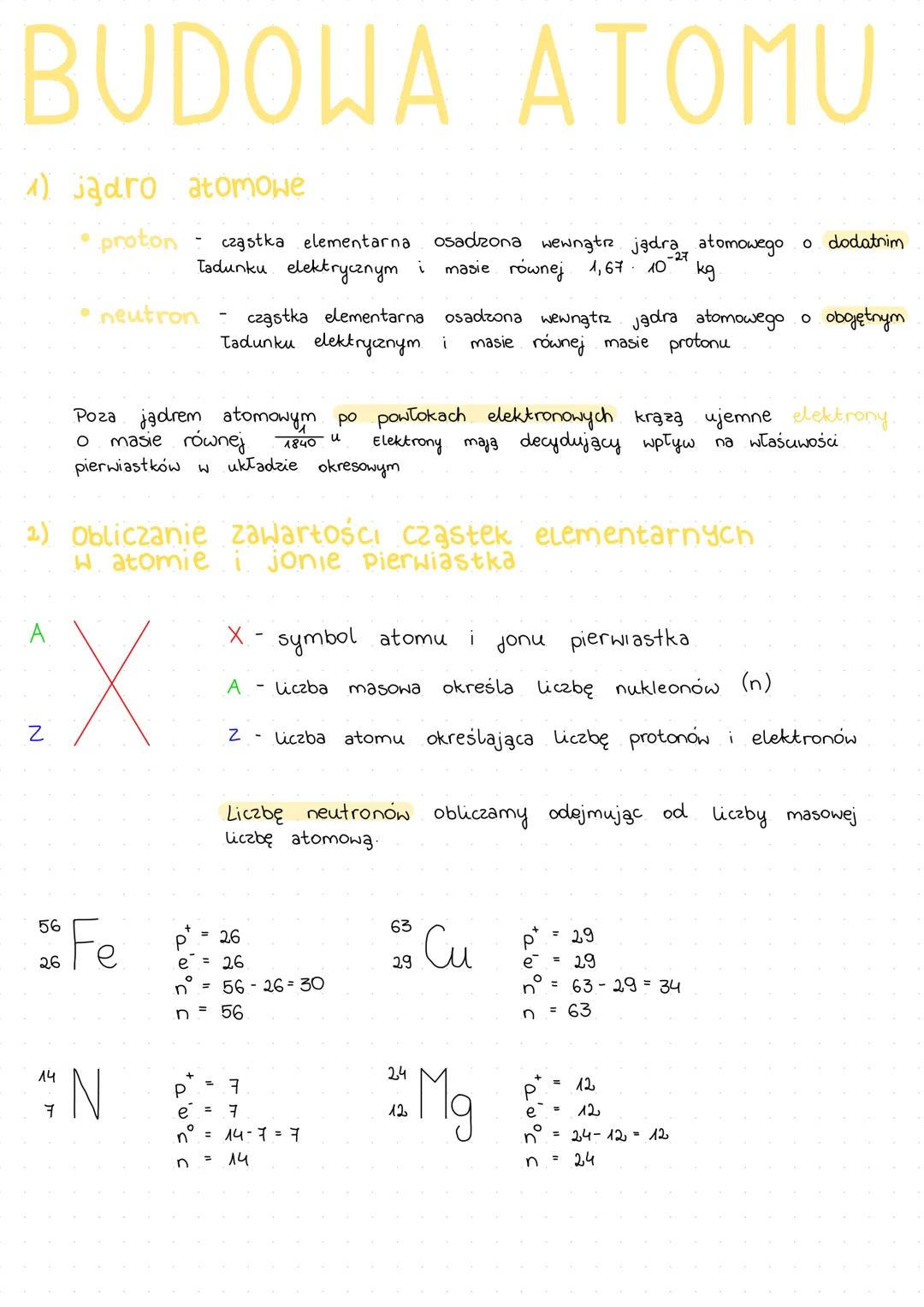 BUDOWA ATOMU
1) jadro atomowe
- proton
cząstka elementarna osadzona wewnątrz jądra atomowego o dodatnim
Ladunku elektrycznym i masie równej