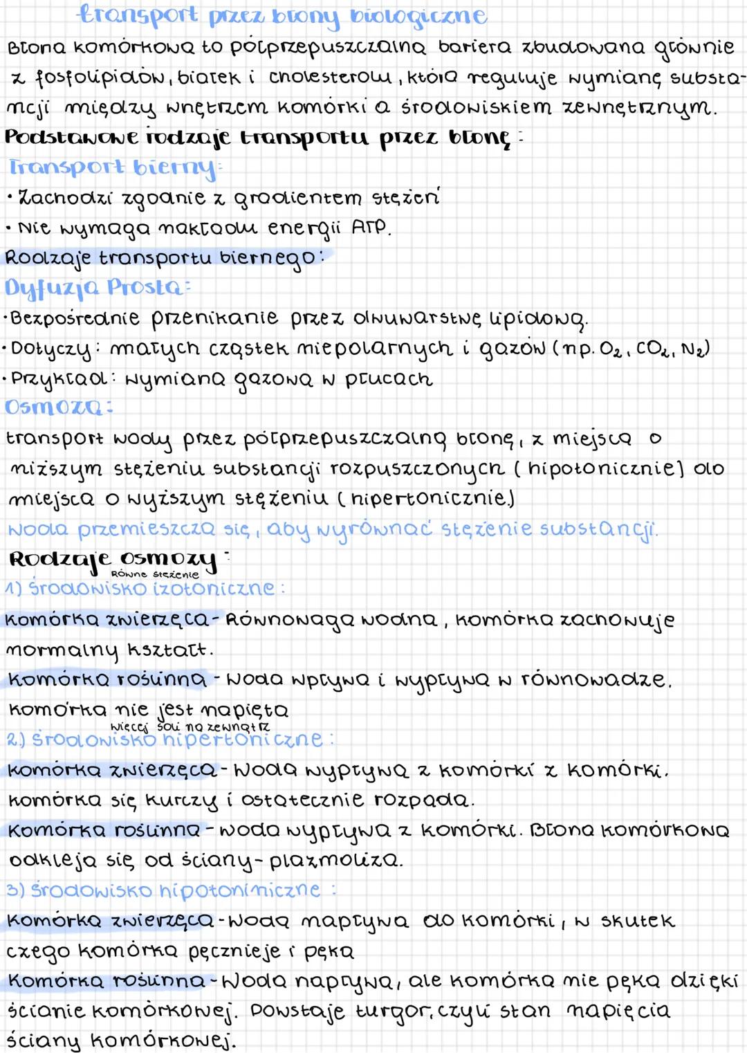 transport przez błony biologiczne
Blona komórkowa to półprzepuszczalna bariera zbudowana głównie
z fosfolipidów, białek i cholesterolu, któr