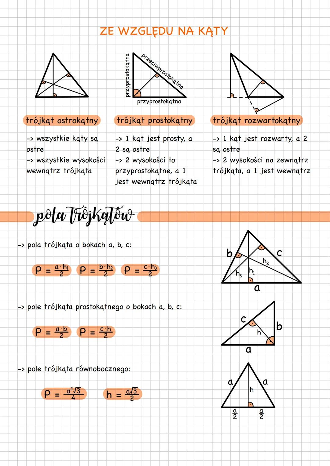 Trójkąty
-> trójkąt - wielokąt mający 3 boki połączone 3 wierzchołkami oraz 3 kąty
wewnętrzne
-> suma miar kątów wewnętrznych trójkąta jest