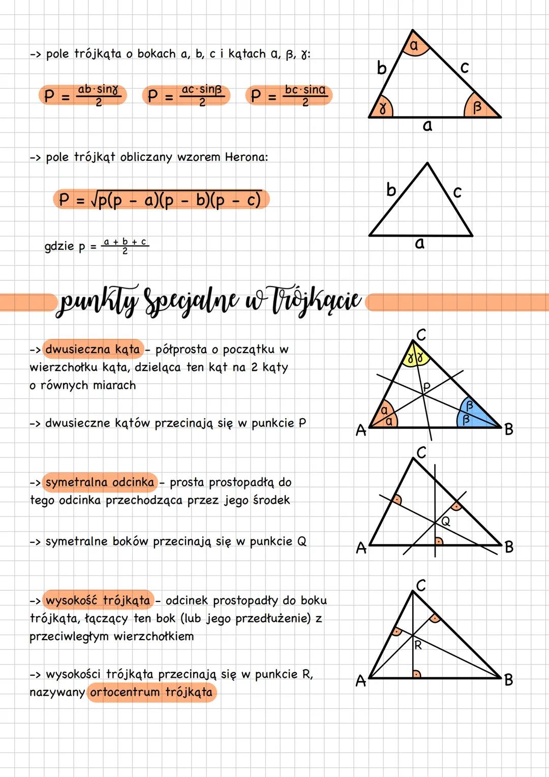 Trójkąty
-> trójkąt - wielokąt mający 3 boki połączone 3 wierzchołkami oraz 3 kąty
wewnętrzne
-> suma miar kątów wewnętrznych trójkąta jest