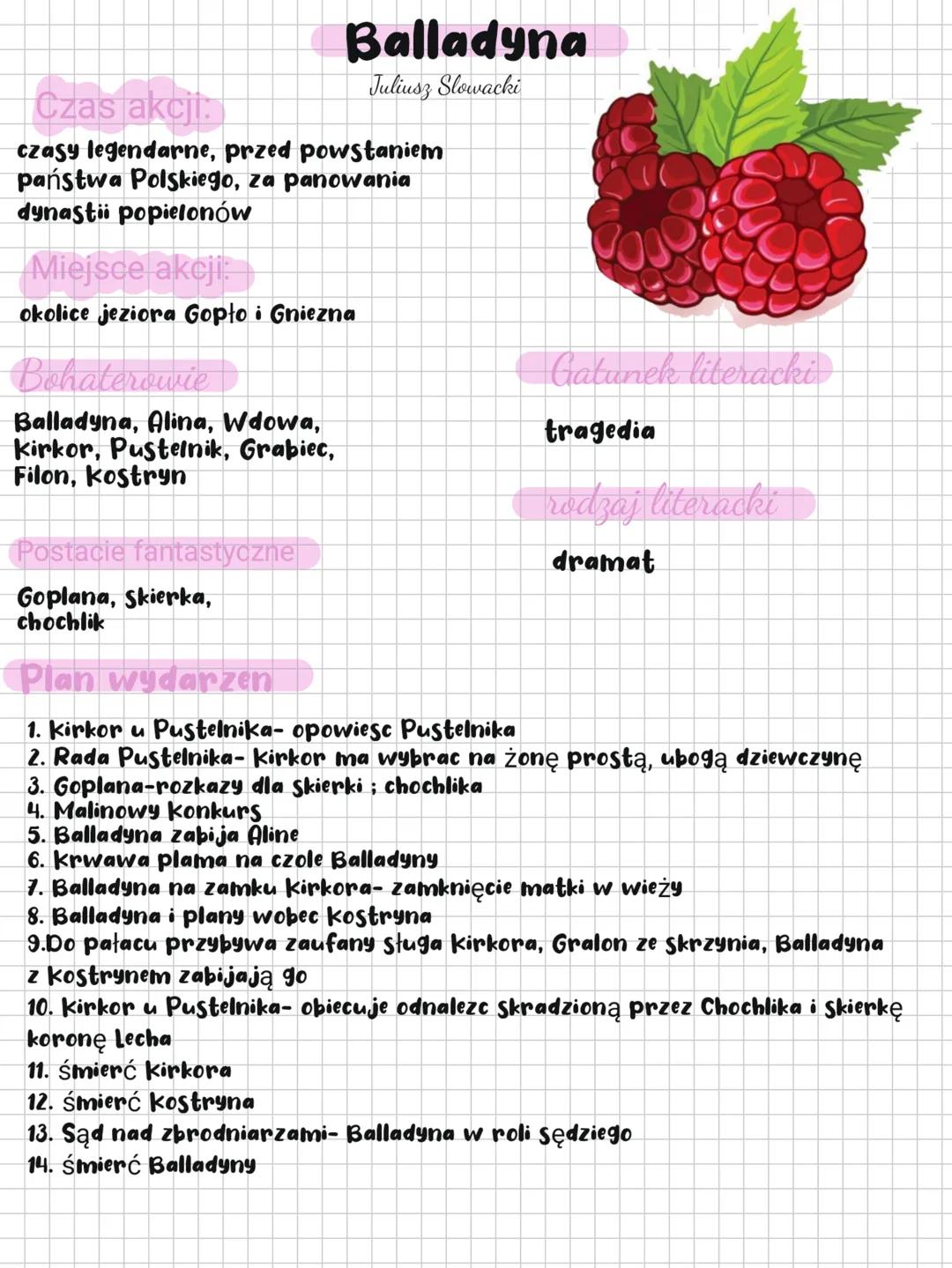 Czas akcji:
Balladyna
Juliusz Slowacki
czasy legendarne, przed powstaniem
państwa Polskiego, za panowania
dynastii popielonów
Miejsce akcji: