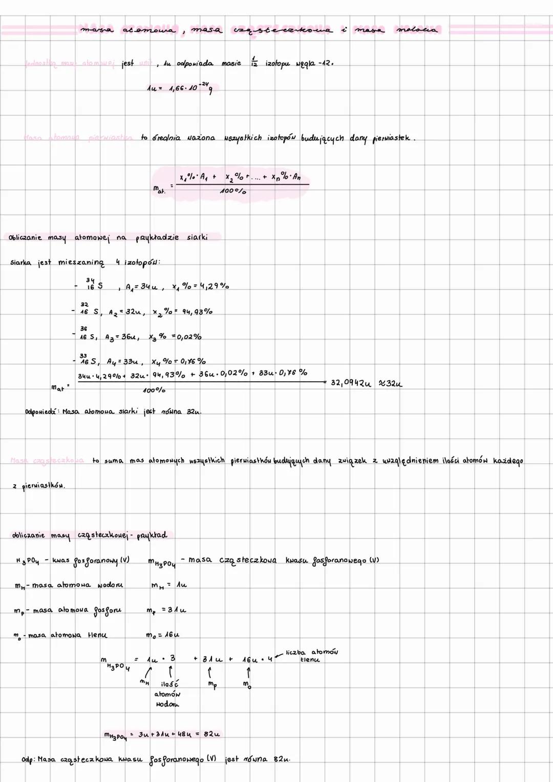 --- OCR Start ---
masa atomowa, masa cząsteczkowa i masa molocia
jest
, hu odpowiada masie iz izotopu węgla -12.
1u = 1,66-10-24g
to średnia