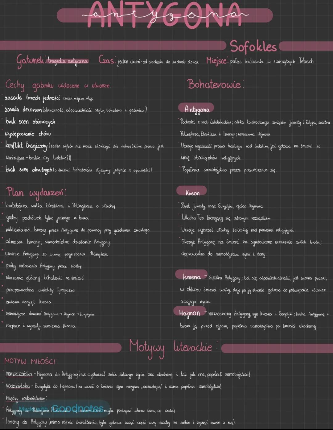 ## ANTYGONA
**Gatunek:** tragedia antyczna
**Czas:** jeden dzień od wschodu do zachodu słońca
**Miejsce:** pałac królewski w starożytnych T