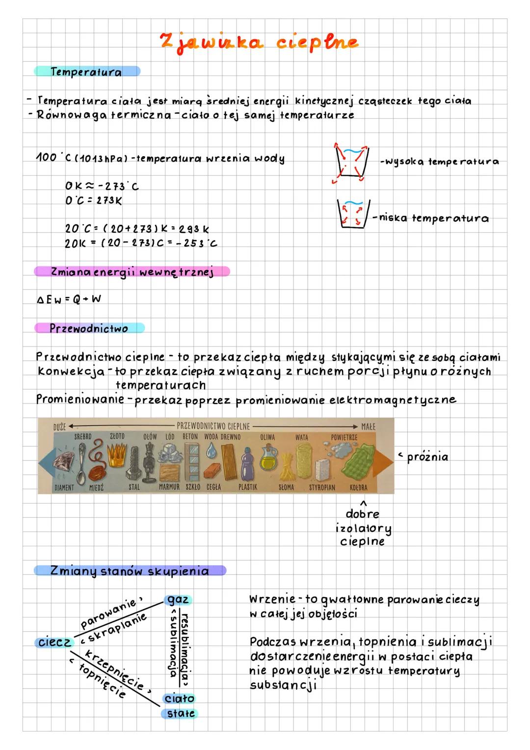 Temperatura
Zjawiska cieplne
Temperatura ciała jest miarą średniej energii kinetycznej cząsteczek tego ciała
- Równowaga termiczna -ciała o