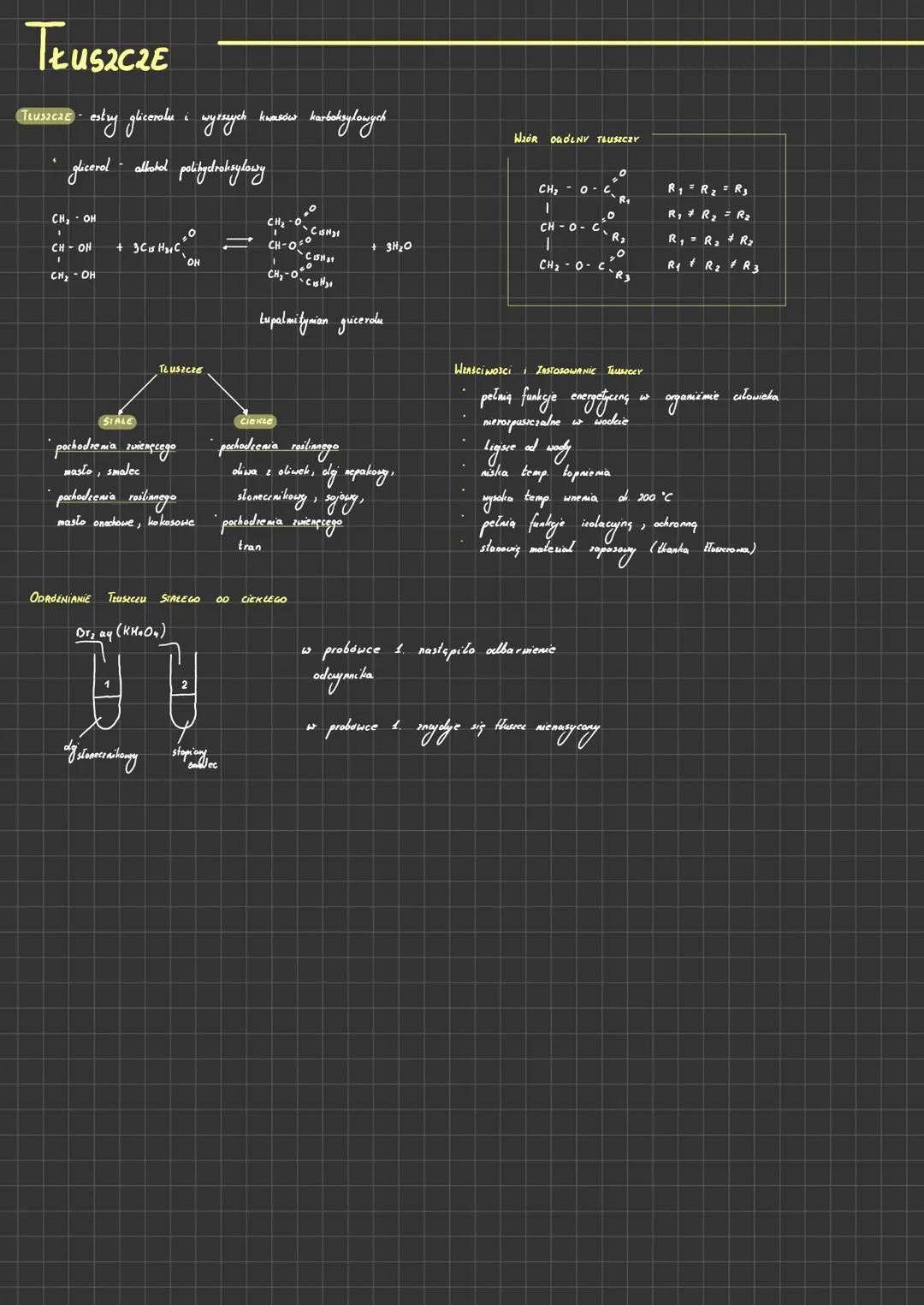 Tłuszcze
Truszcze - estry glicerolu i wyższych kwasów karboksylowych
glicerol - alkohol polihydroksylowy
$CH_2OH$
$\ CH-OH $
$CH_2OH$
$+ 3C_
