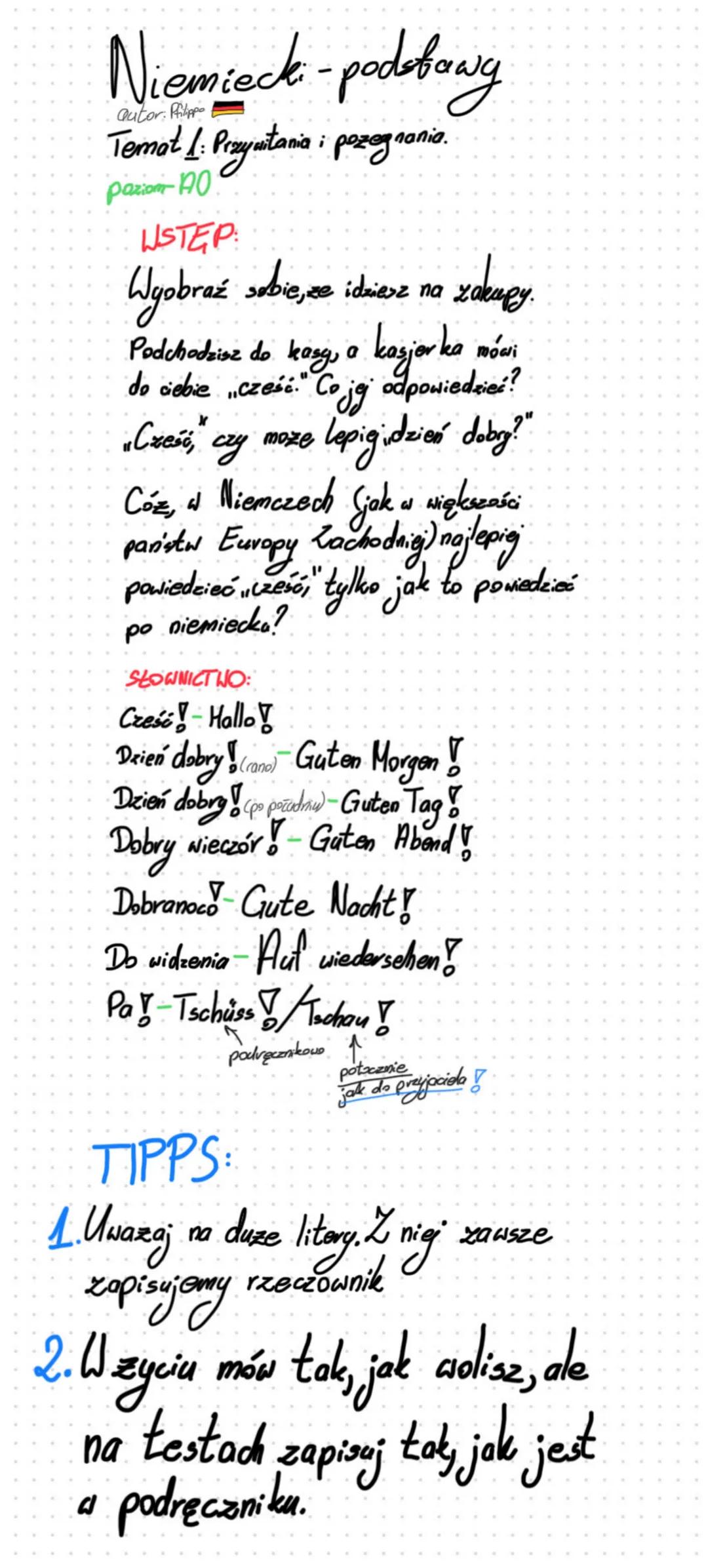 Niemiecki - podstawy
Autor: Filip
Temat 1: Przywitania i pożegnania.
poziom A0
WSTĘP:
Wyobraź sobie, że idziesz na zakupy.
Podchodzisz do ka