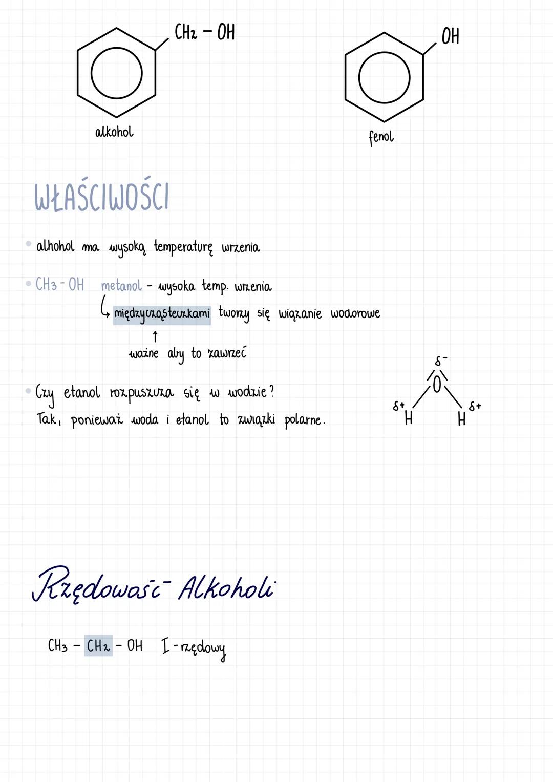 ALKOHOL CH2-OH
alkohol
WŁAŚCIWOŚCI
alhohol ma wysoką temperaturę wrzenia
CH3-OH metanol - wysoka temp. wrzenia
fenol
4 międzycząsteczkami tw