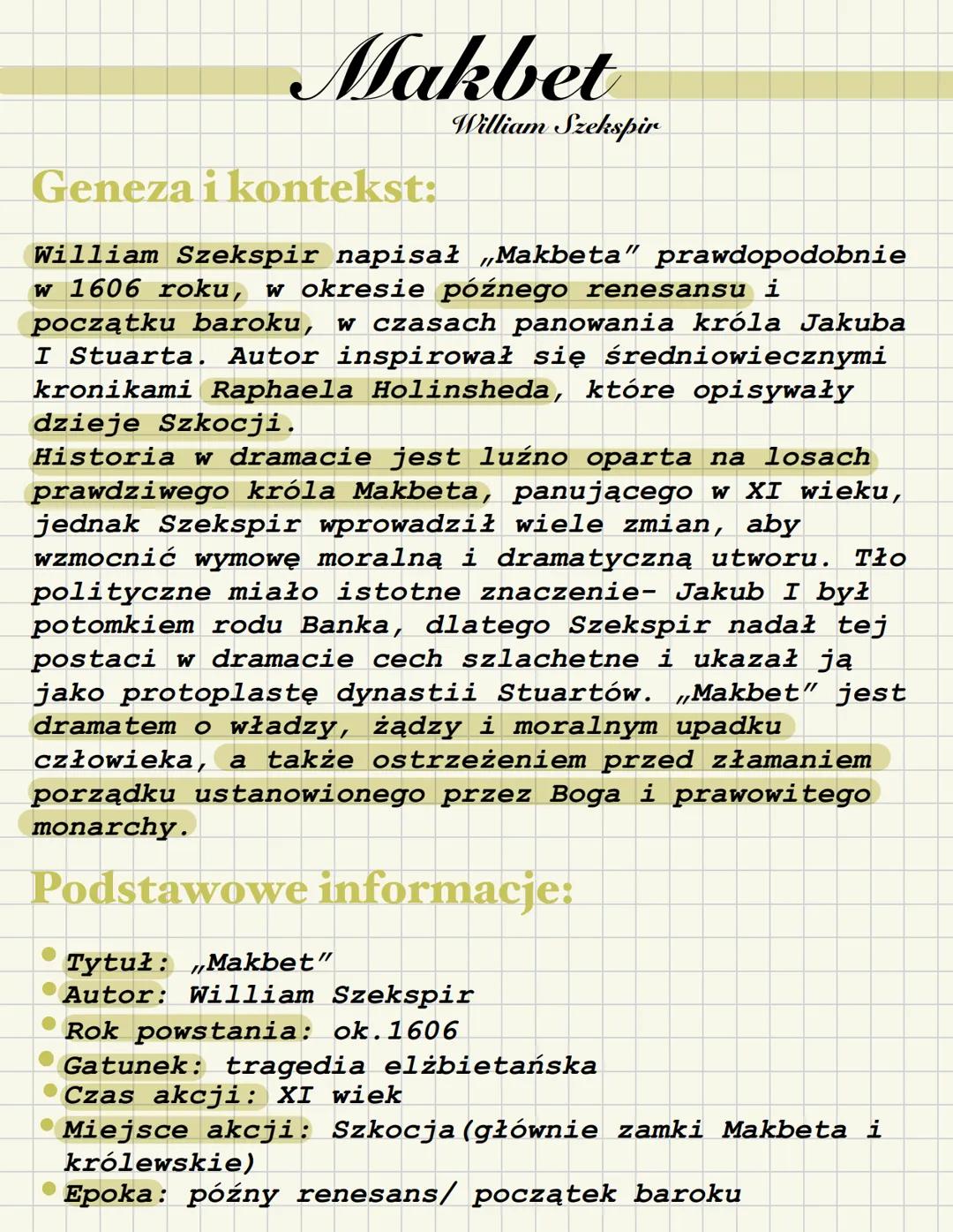 --- OCR Start ---
Makbet
Geneza i kontekst:
William Szekspir
William Szekspir napisał "Makbeta" prawdopodobnie
w 1606 roku, w okresie późne