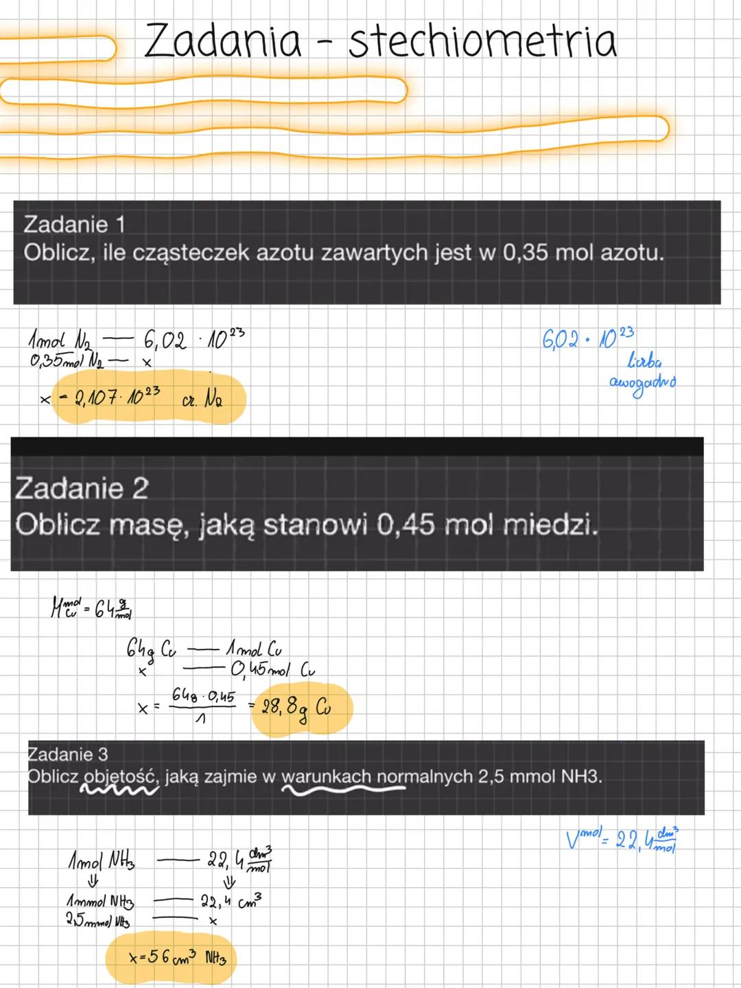 stechiometria Zadania - stechiometria
Zadanie 1
Oblicz, ile cząsteczek azotu zawartych jest w 0,35 mol azotu.
1mol N₂
0,35 mol No-x
6,02-10<