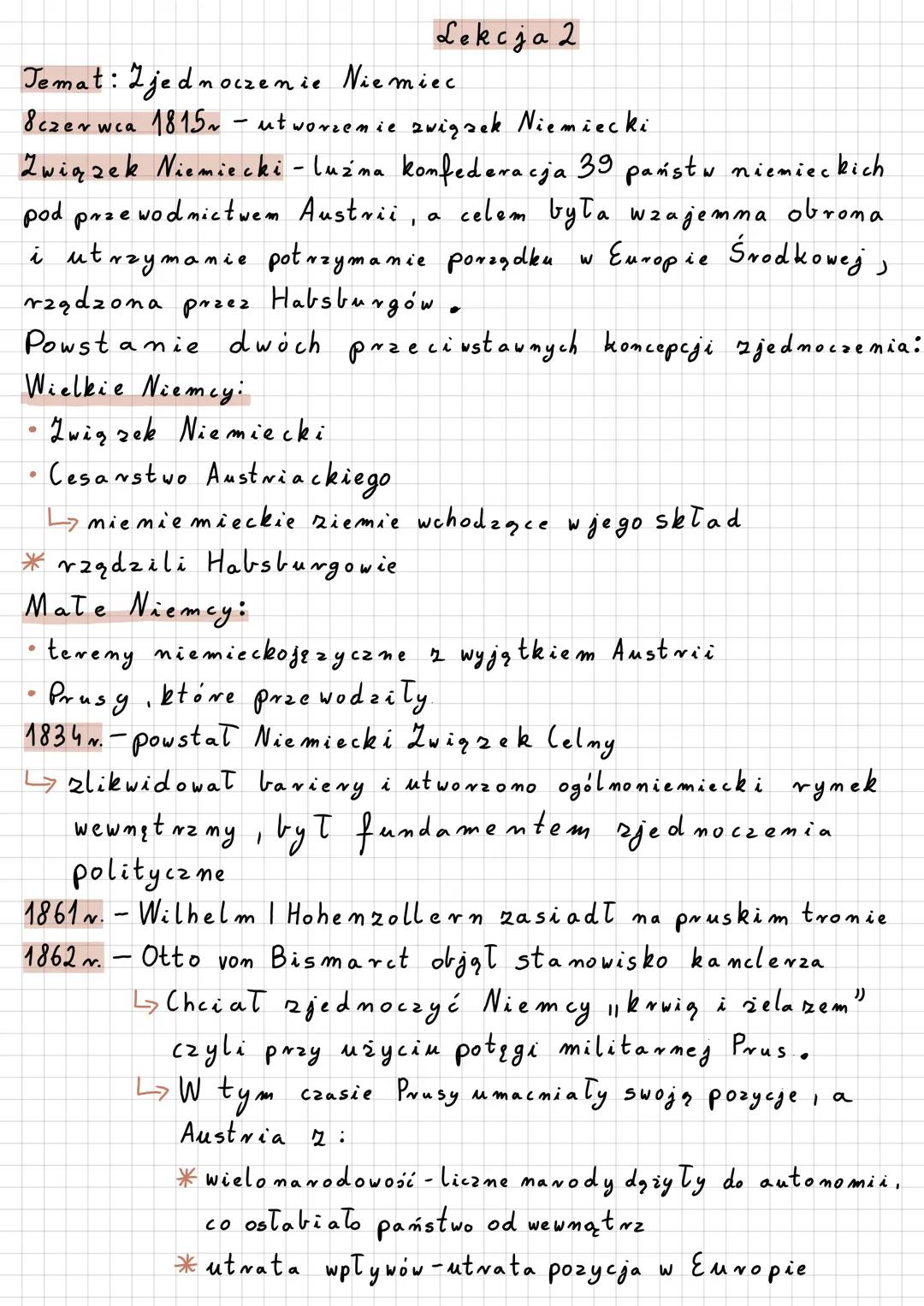 Lekcja 2
Temat: Zjednoczenie Niemiec
8czerwca 1815~ - utworzenie związek Niemiecki
Związek Niemiecki - luźna konfederacja 39 państw niemieck