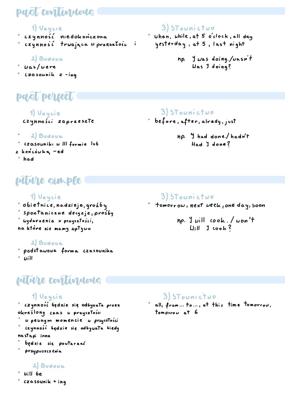 present simple
1) Uzycie
* rutyna, uczucia
* fakty, prawa natury
harmonogramy
2) Budoua
podstawowa forma czasownika
He/She/It - s/es
Do/Does