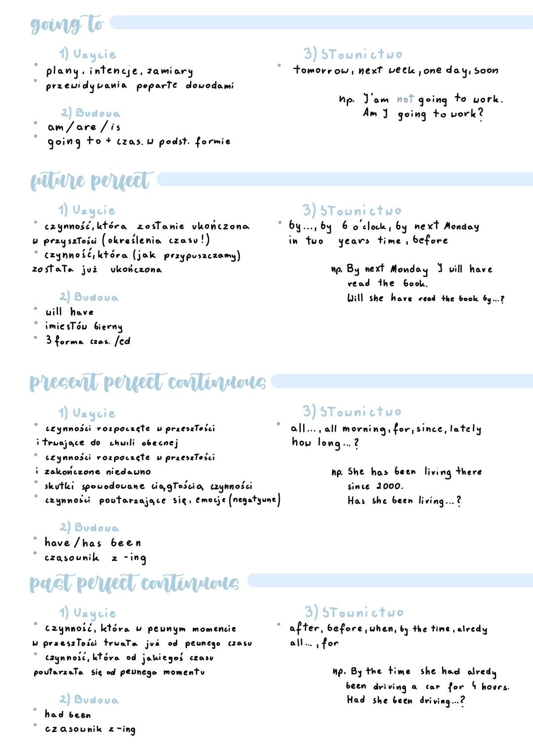 present simple
1) Uzycie
* rutyna, uczucia
* fakty, prawa natury
harmonogramy
2) Budoua
podstawowa forma czasownika
He/She/It - s/es
Do/Does