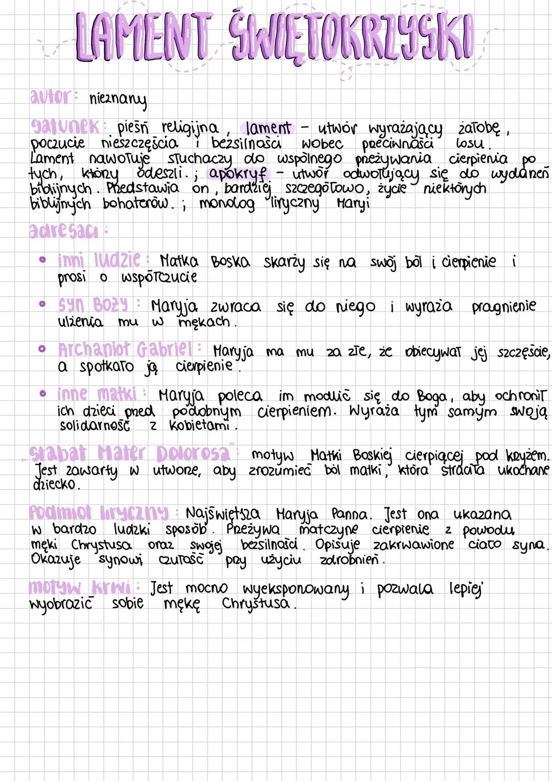 LAMENT ŚWIĘTOKRZYSKI
autor: nieznany
gatunek: pieśń religijna, lament - utwór wyrażający żałobę,
poczucie nieszczęścia i bezsilności wobec