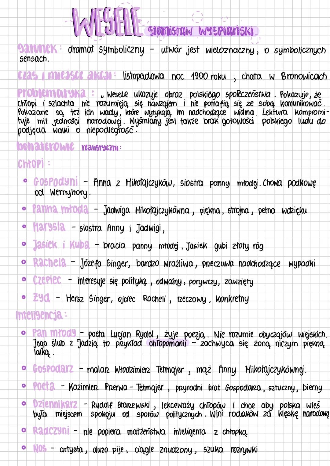## WESELE
Stanisław Wyspiański
**gatunek**: dramat symboliczny - utwór jest wieloznaczny, o symbolicznych sensach.
**czas i miejsce akcji