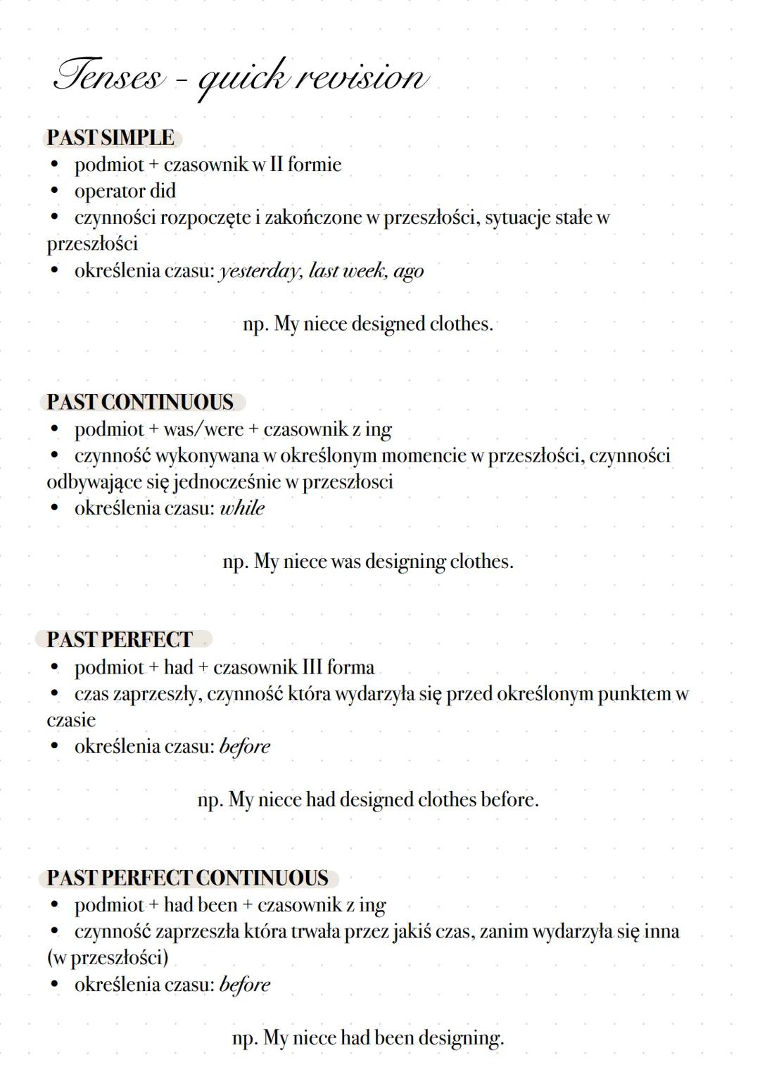 Tenses - quick revision
PRESENT SIMPLE
* podmiot + czasownik
* operator do i does
* czynności powtarzalne, nawyki, czynności i stany wyrażon