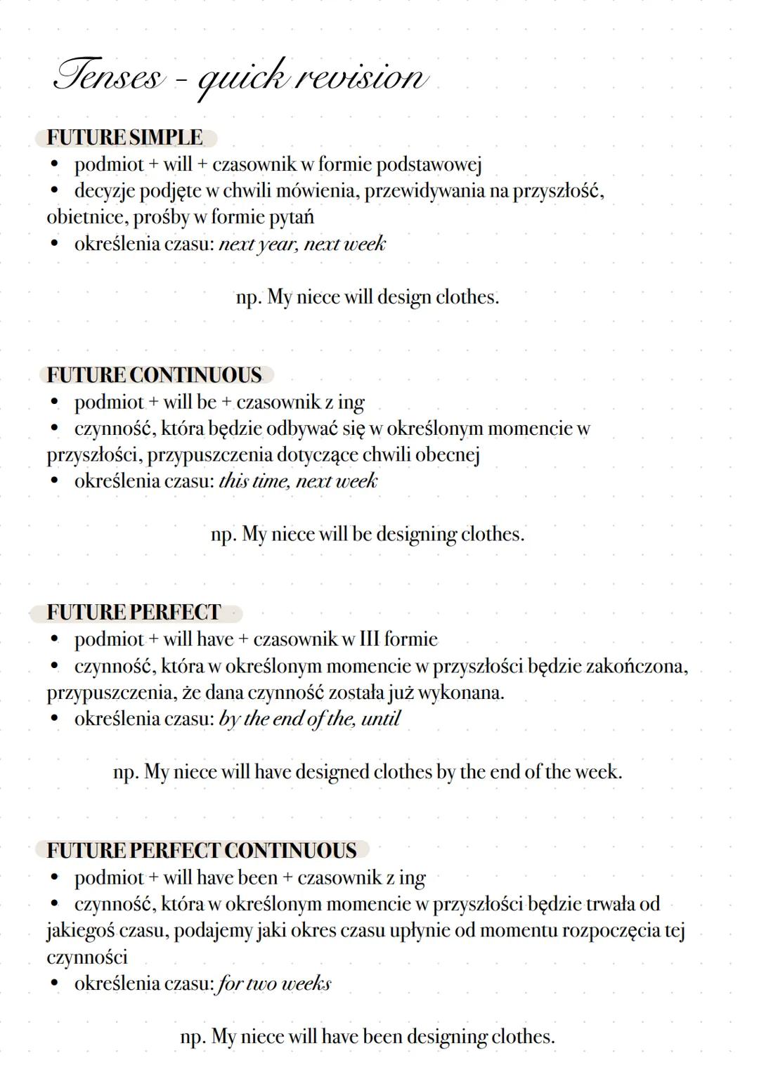 Tenses - quick revision
PRESENT SIMPLE
* podmiot + czasownik
* operator do i does
* czynności powtarzalne, nawyki, czynności i stany wyrażon