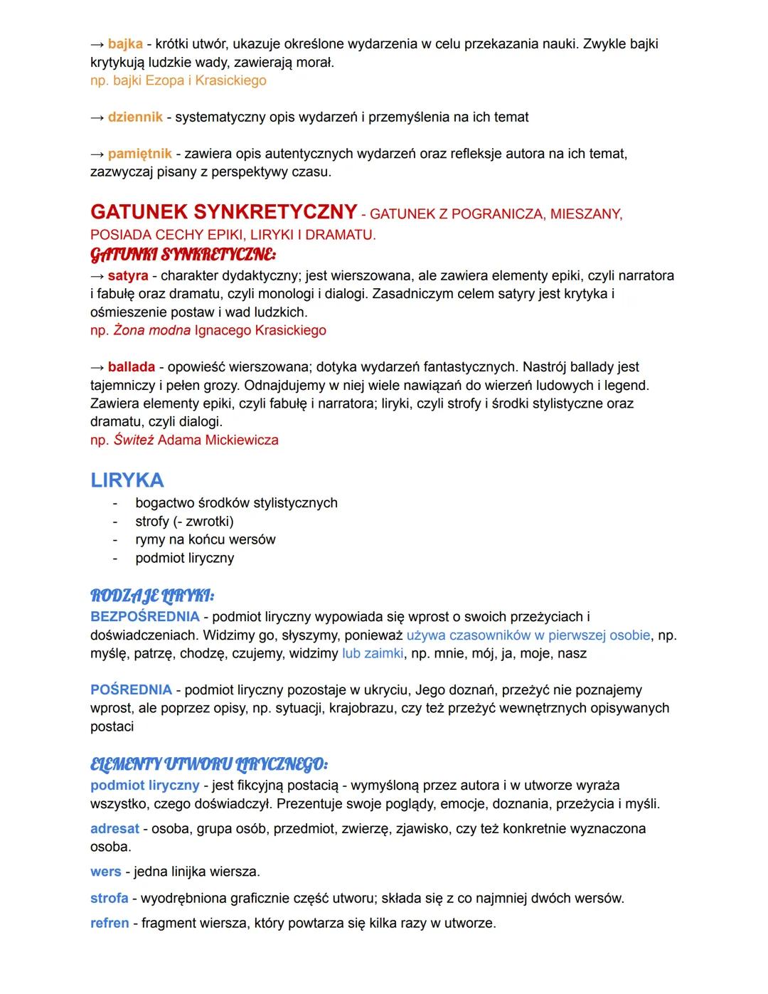 Rodzaje i gatunki literackie
EPIKA
LIRYKA
DRAMAT
kto mówi?
narrator
podmiot liryczny
bohater(owie)
najważniejsze:
wydarzenia
uczucia/przeży