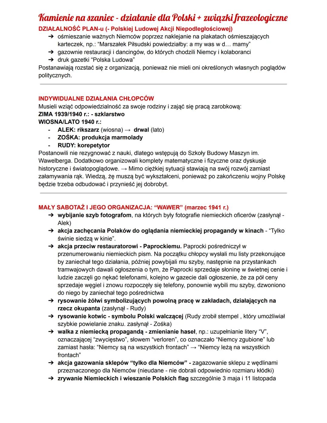 --- OCR Start ---
Kamienie na szaniec - działanie dla Polski + związki frazeologiczne
DZIAŁALNOŚĆ PLAN-u (- Polskiej Ludowej Akcji Niepodleg