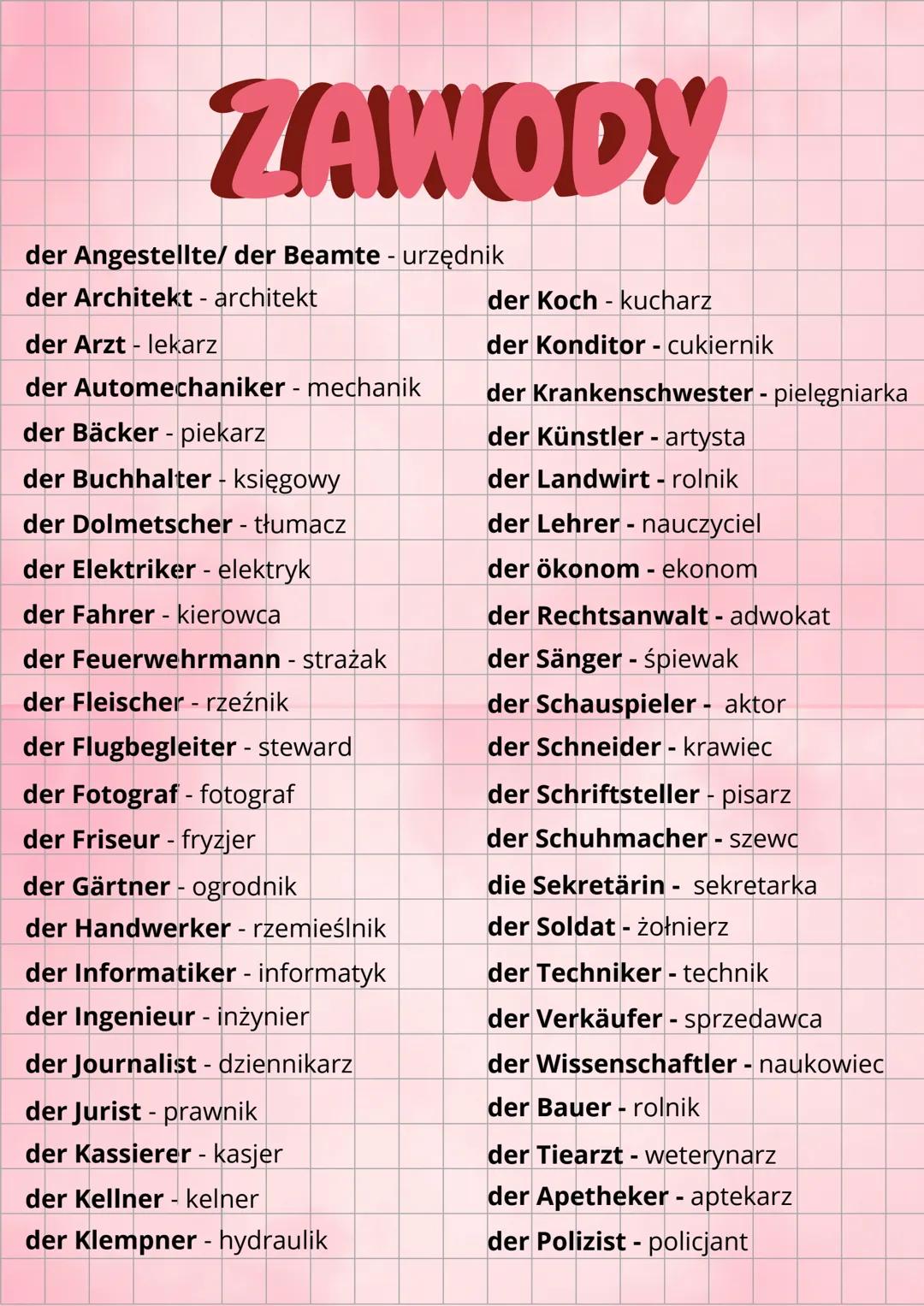 ZAWODY
der Angestellte/ der Beamte - urzędnik
der Architekt - architekt
der Arzt - lekarz
der Automechaniker - mechanik
der Bäcker - piekarz