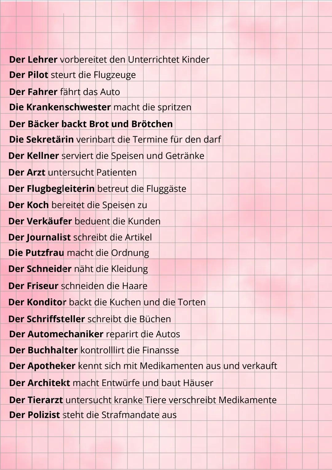 ZAWODY
der Angestellte/ der Beamte - urzędnik
der Architekt - architekt
der Arzt - lekarz
der Automechaniker - mechanik
der Bäcker - piekarz