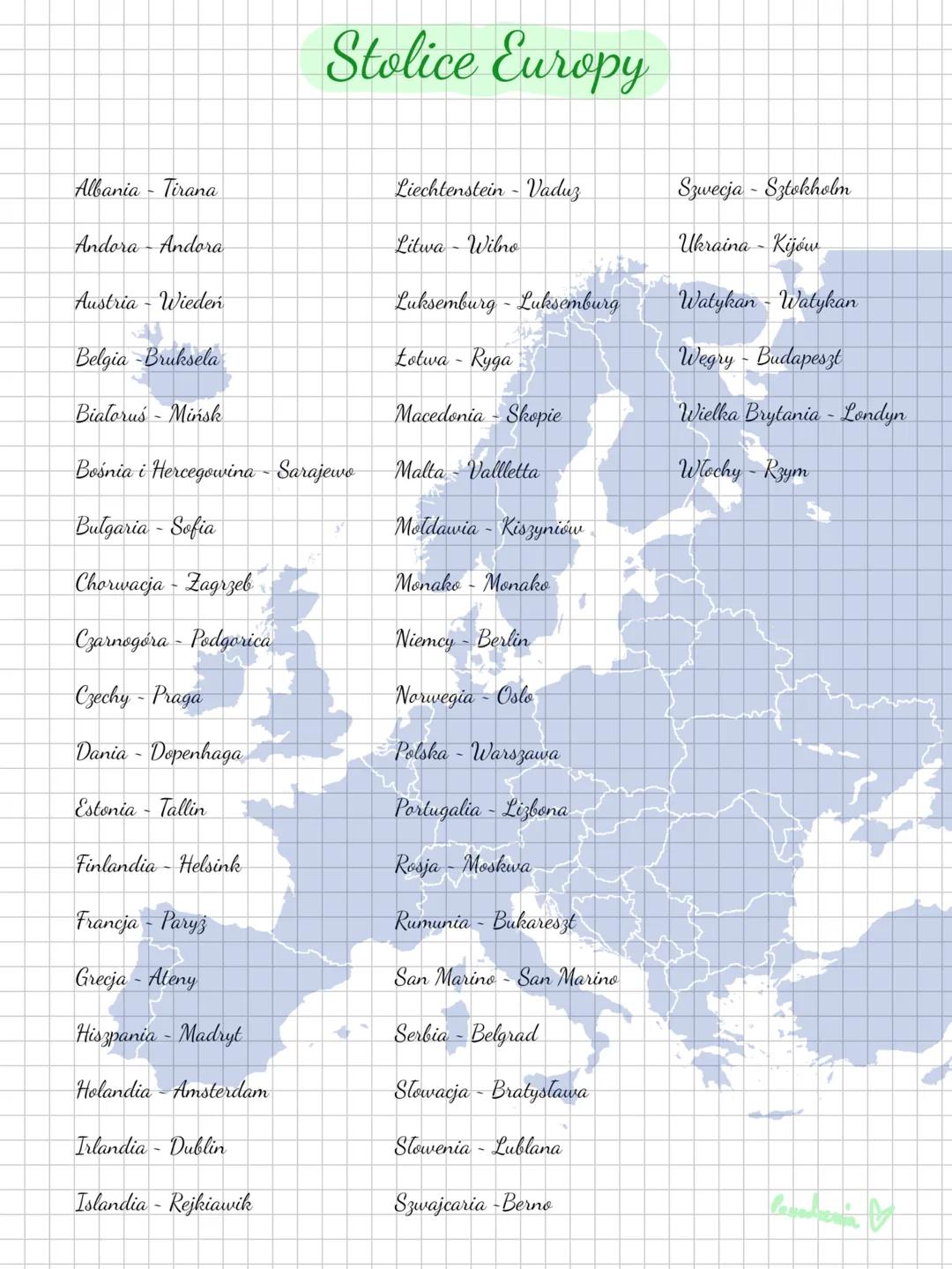 Stolice Europy
Albania - Tirana
Andora - Andora
Austria - Wiedeń
Belgia - Bruksela
Białorus - Mińsk
Bośnia i Hercegowina - Sarajewo
Bulgaria