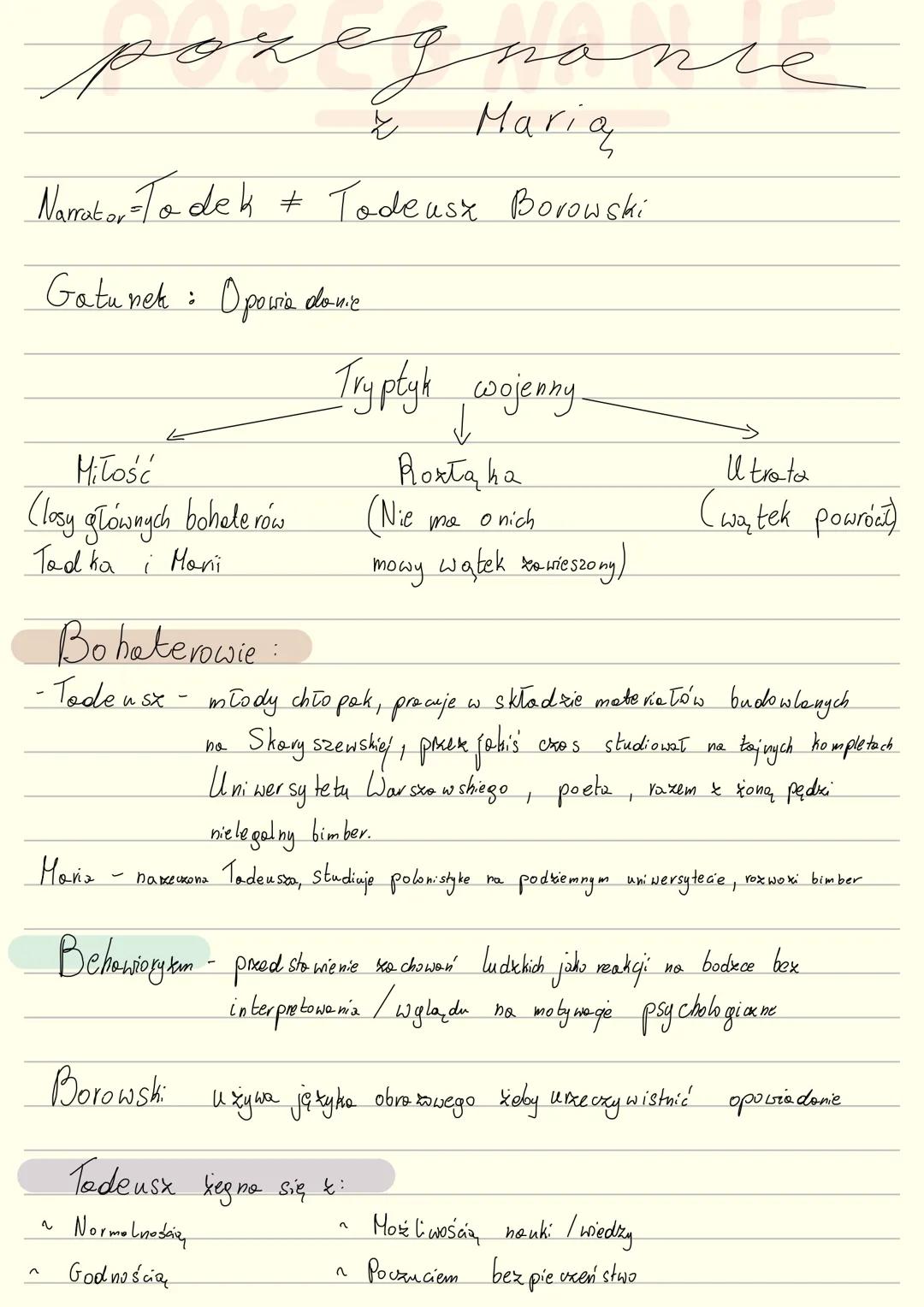 --- OCR Start ---
poregnance
Maria
Narrator Todek + Tadeusz Borowski
Gatunek: Opowiadanie
Tryptyk wojenny.
Miłość
Portą ka
Utrota
(losy głó
