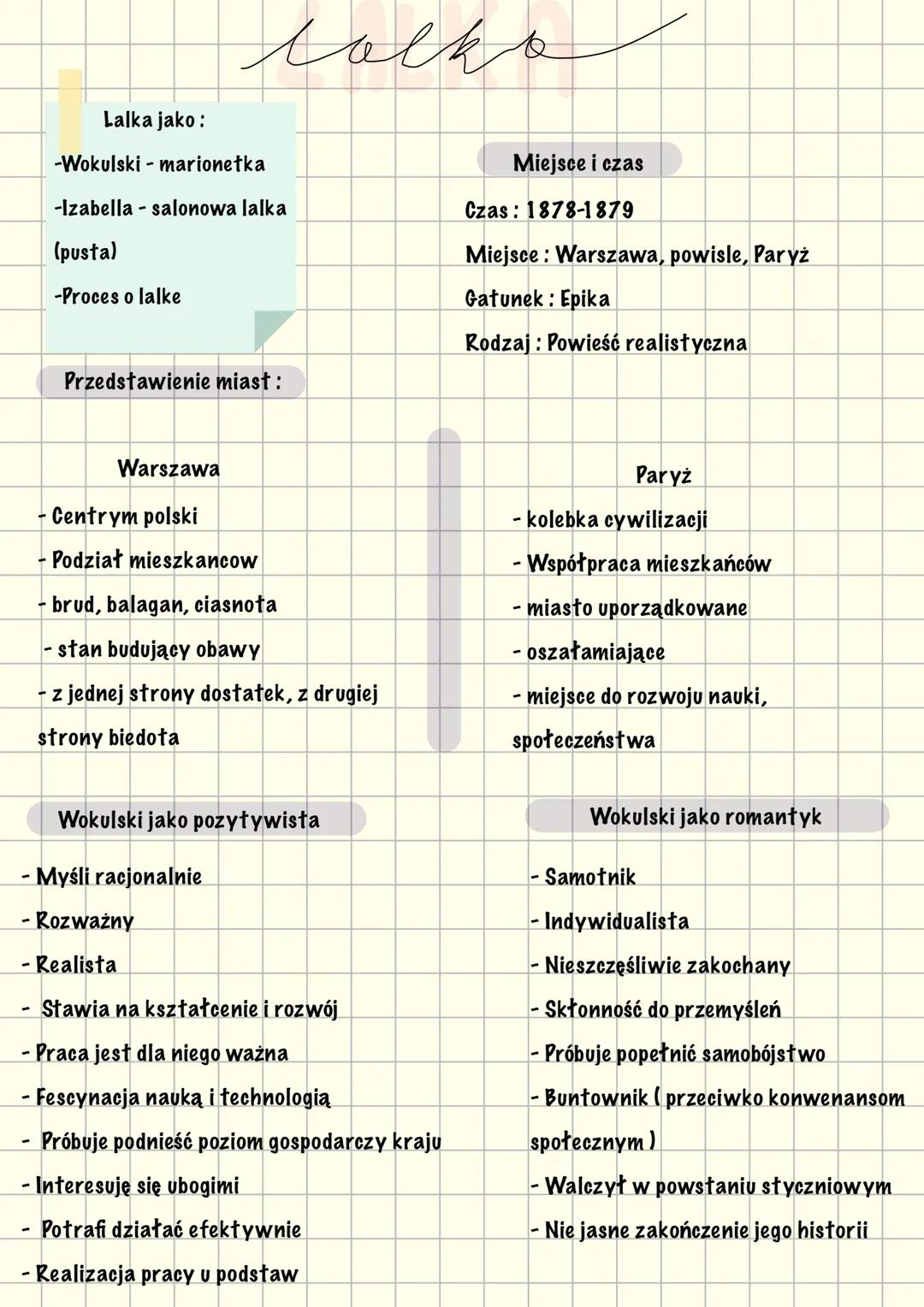 --- OCR Start ---
ласко
Lalka jako:
-Wokulski - marionetka
-Izabella - salonowa lalka
(pusta)
-Proces o lalke
Przedstawienie miast:
Miejsce