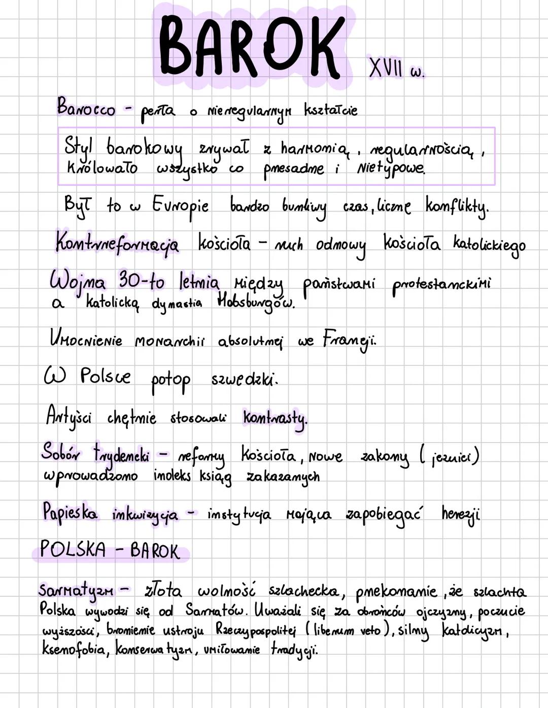 # BAROK
XVII w.
Barocco - pełna o nieregularnym kształcie
Styl barokowy zrywał z harmonią, regularnością, kładłową wszystko co przesadne i