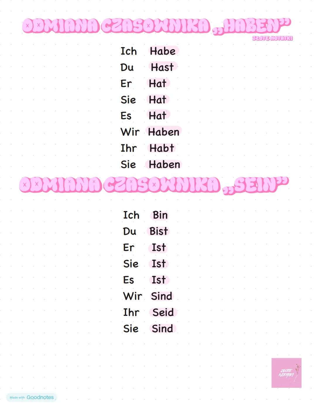 ODMIANA CZASOWNIKA „HABEN"
Ich Habe
Du Hast
Er Hat
Sie Hat
Es Hat
Wir Haben
Ihr Habt
Sie Haben
ODMIANA CZASOWNIKA „SEIN"
Ich Bin
Du Bist
Er