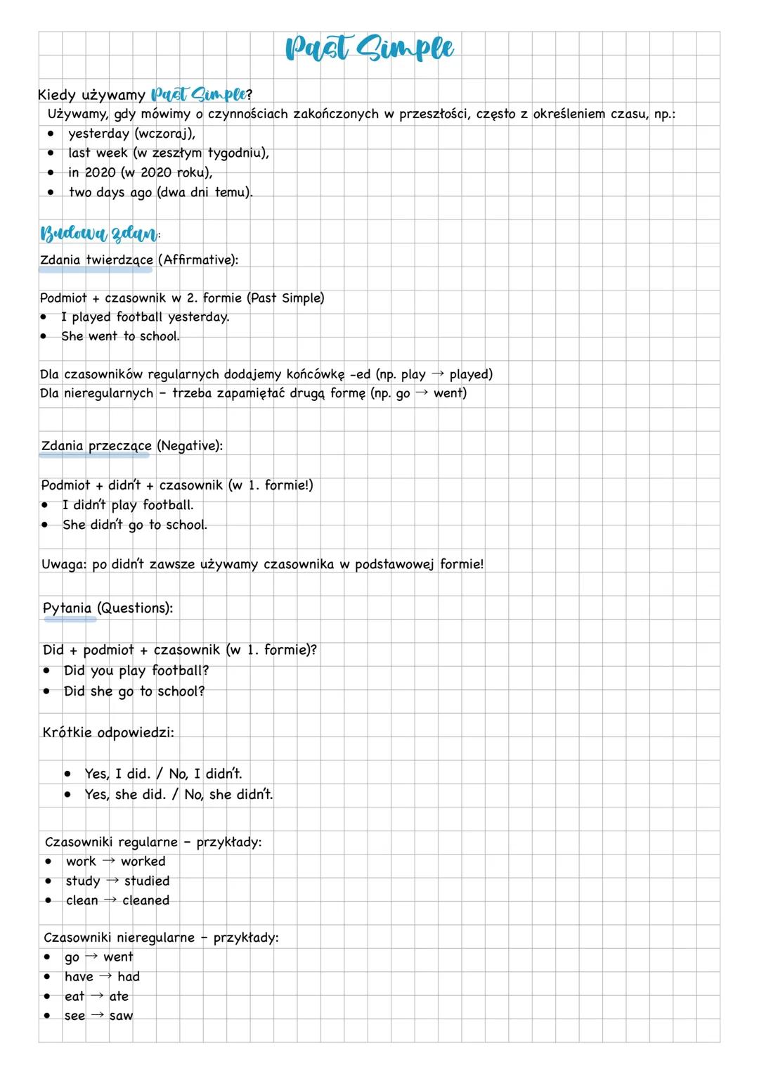 Kiedy używamy Past Simple?
Past Simple
Używamy, gdy mówimy o czynnościach zakończonych w przeszłości, często z określeniem czasu, np.:
- yes