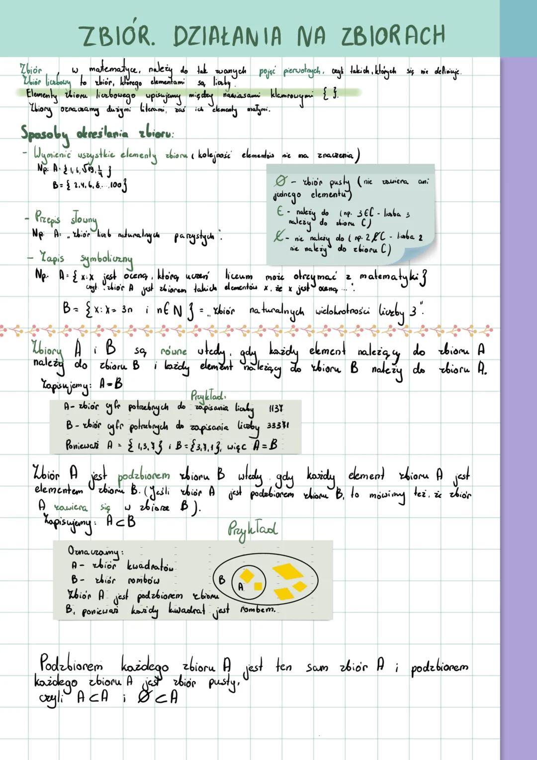 ZBIÓR. DZIAŁANIA NA ZBIORACH
Zbiór
w matematyce, należy do tak ważnych pojęć pierwotnych, czyli takich, których się nie definiuje
Zbiór licz