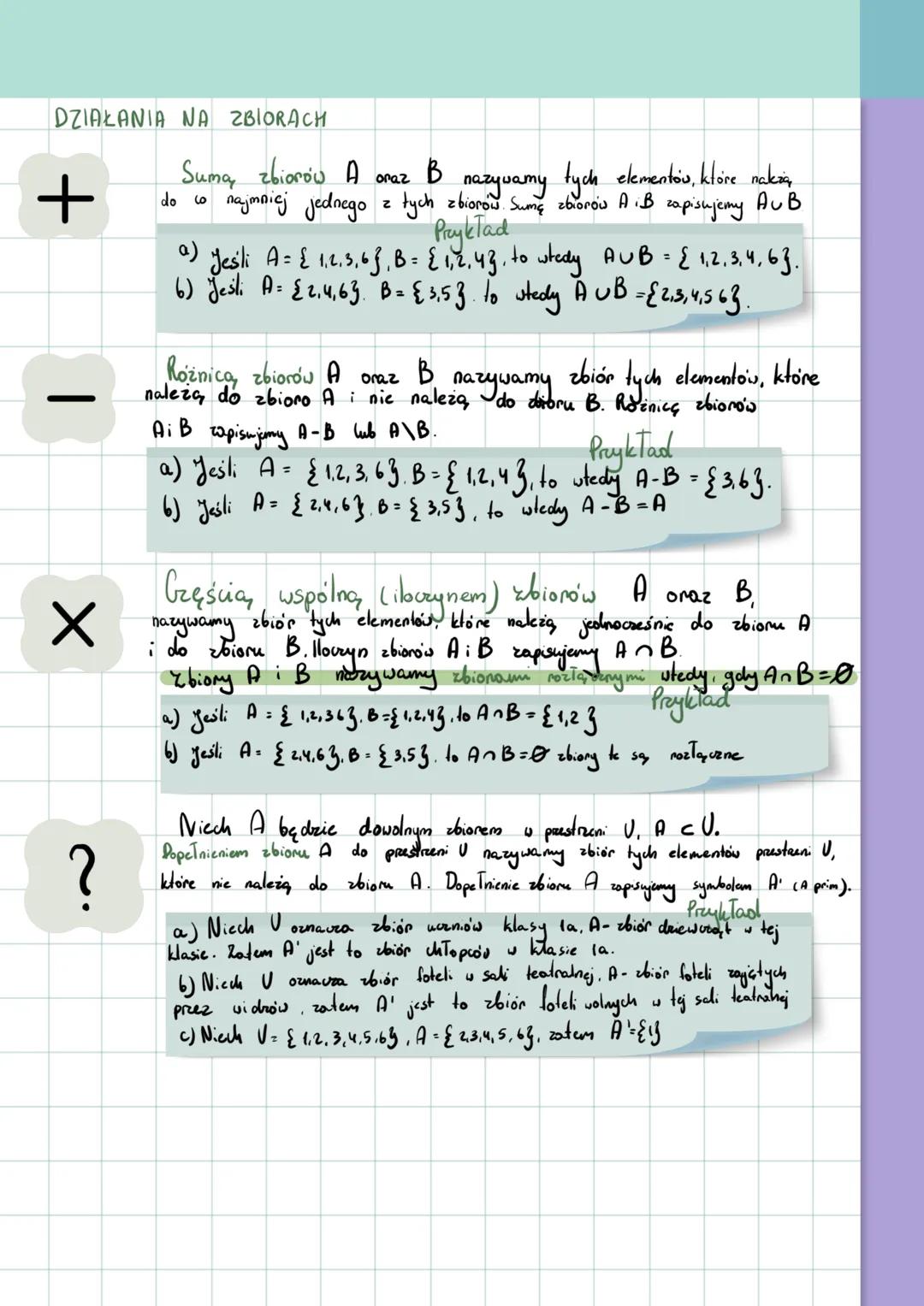 ZBIÓR. DZIAŁANIA NA ZBIORACH
Zbiór
w matematyce, należy do tak ważnych pojęć pierwotnych, czyli takich, których się nie definiuje
Zbiór licz
