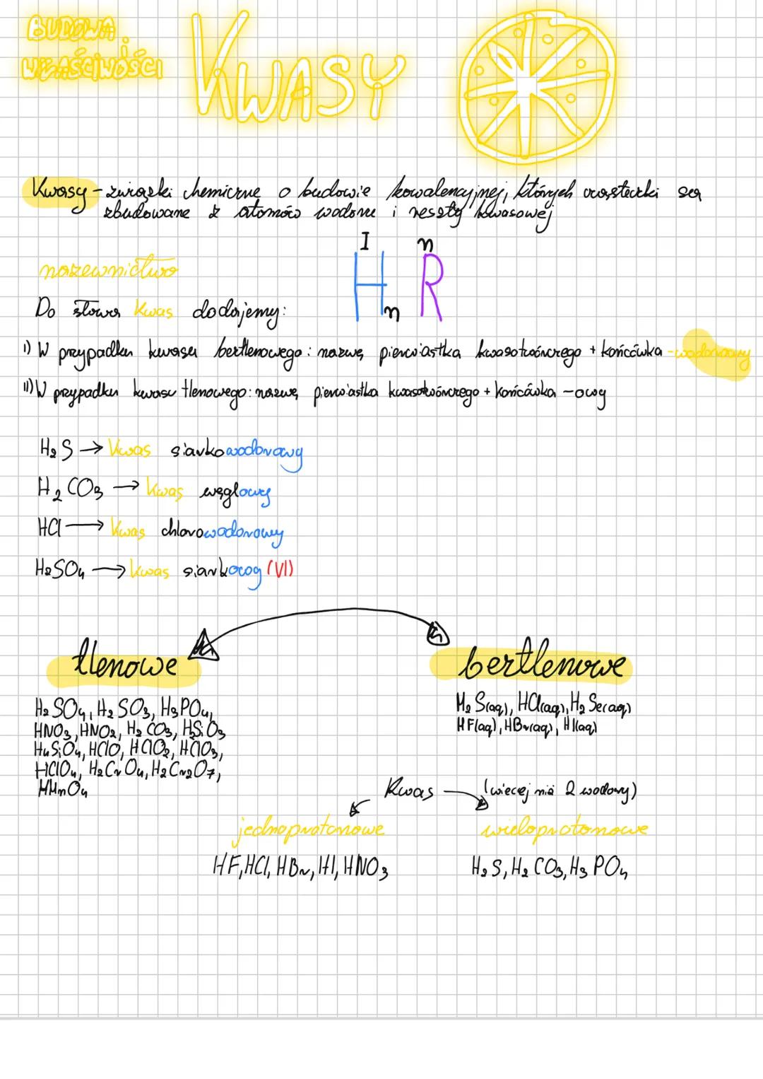 Systematyka związków
nieorganicznych # 30.05.24
# Właściwości
# Kwasy
Kwasy - związki chemiczne o budowie kowalencyjnej, których cząsteczki