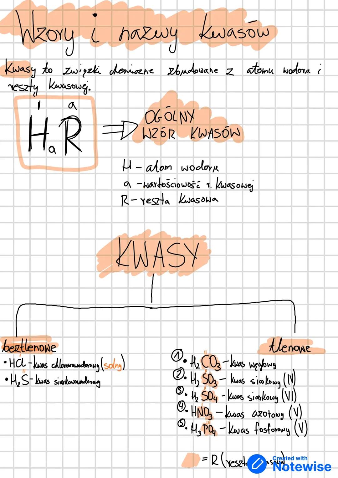 Wzory i nazwy kwasów
Kwasy to związki chemiczne zbudowane z atomu wodoru i reszty kwasowej.
a
OGÓLNY
H<sub>a</sub>R => WZÓR KWASÓW
H - atom