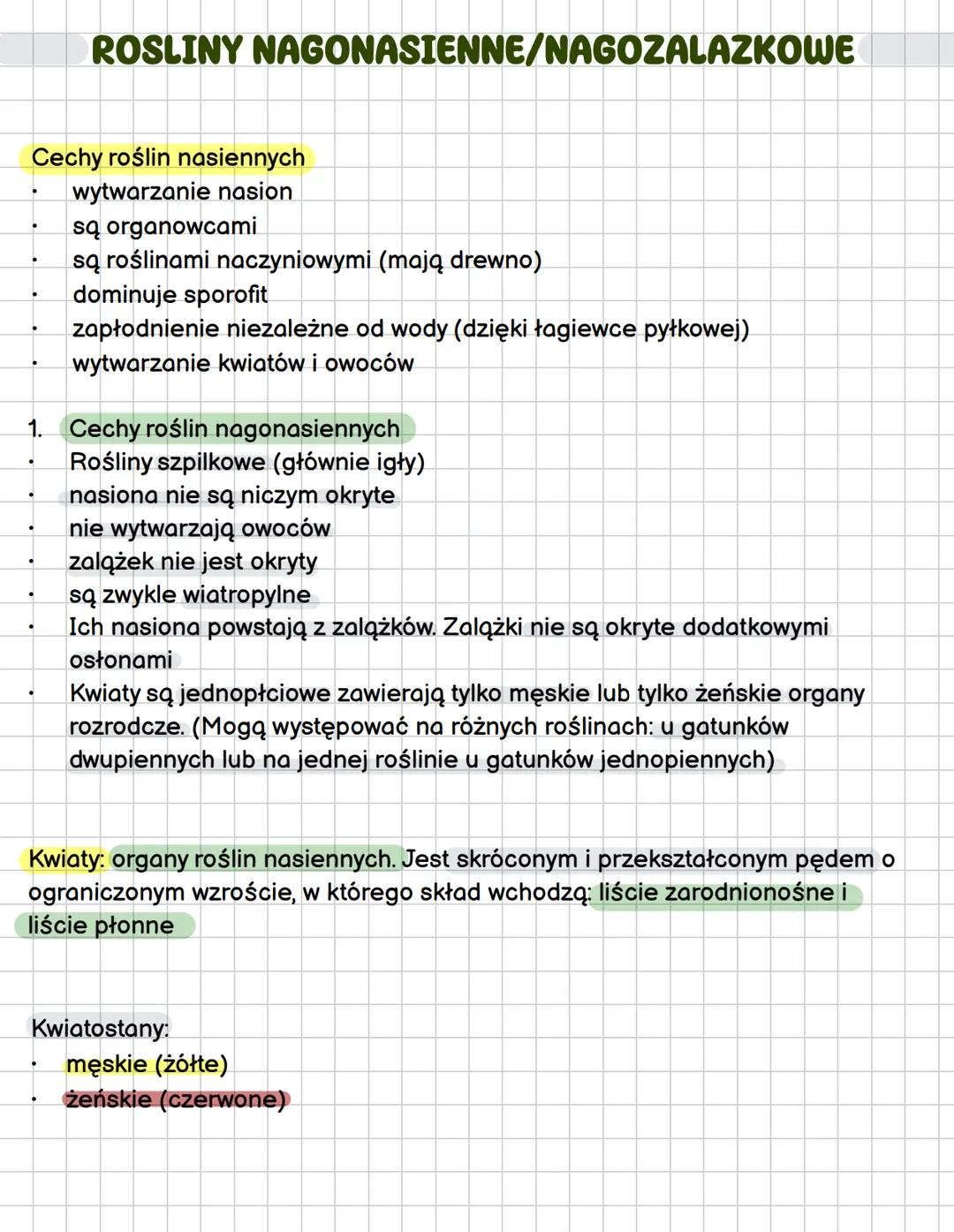 ROSLINY NAGONASIENNE/NAGOZALAZKOWE
Cechy roślin nasiennych
- wytwarzanie nasion
- są organowcami
- są roślinami naczyniowymi (mają drewno)