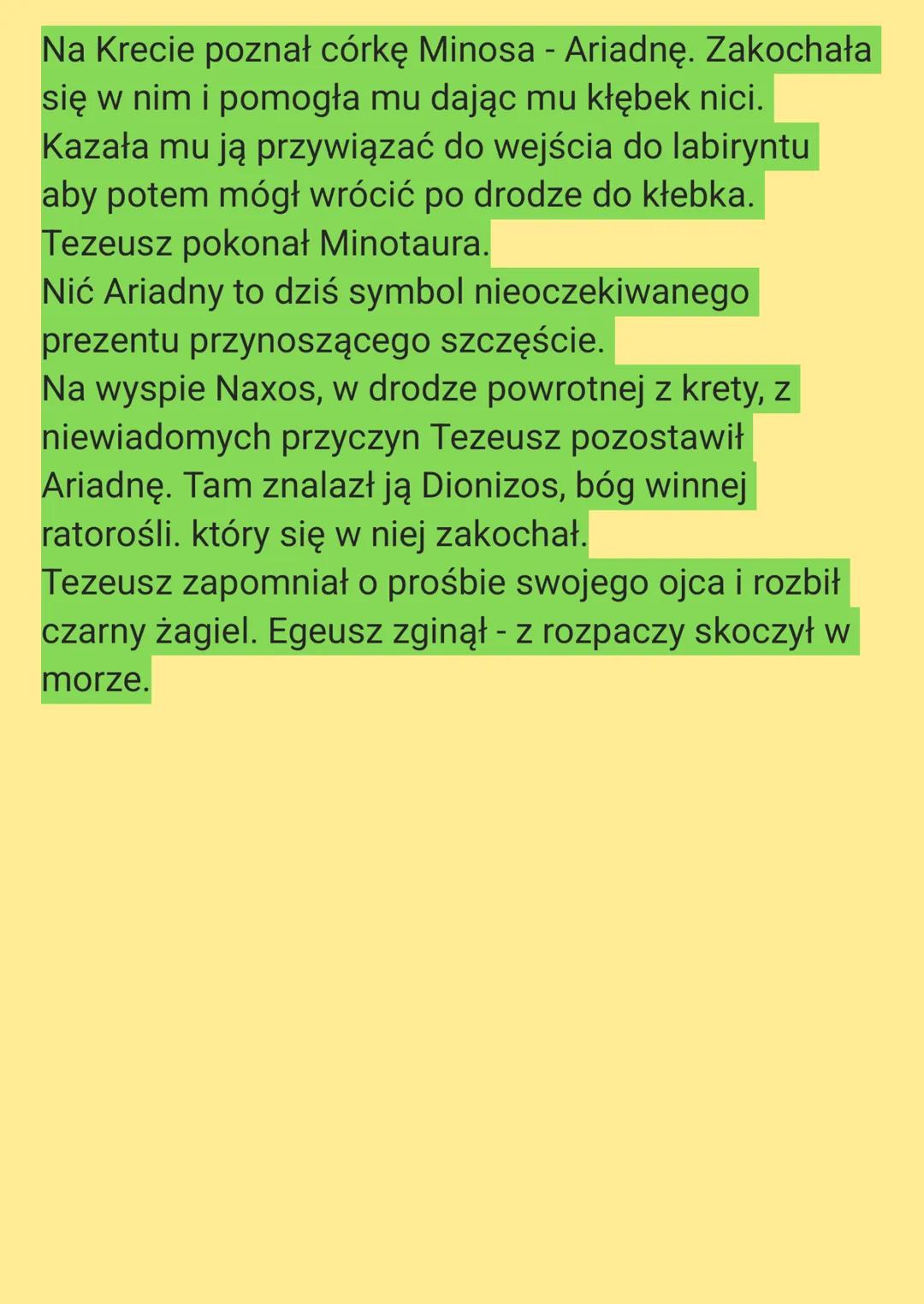 Tezeusz i Ariadna.
Tezeusz był synem Aitry i Egeusza. Wzorem dla
niego był Herkules. Matka była z Troizeny i mieszkał
z nią syn, a ojciec z