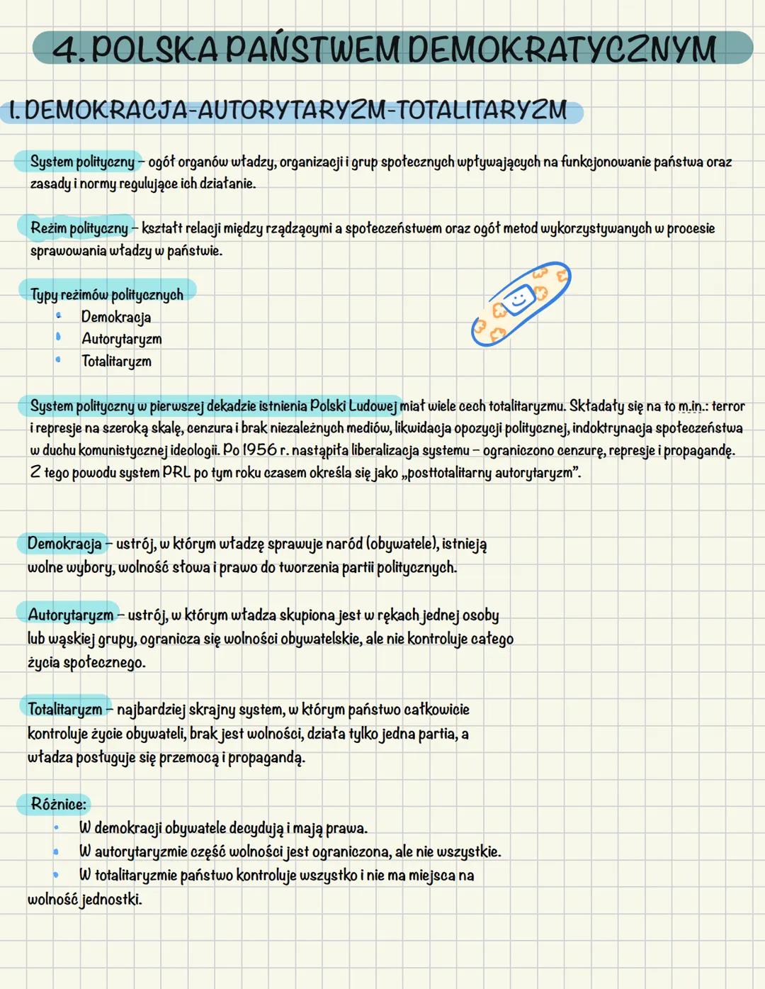 4. POLSKA PAŃSTWEM DEMOKRATYCZNYM
1. DEMOKRACJA-AUTORYTARYZM-TOTALITARYZM
System polityczny - ogół organów władzy, organizacji i grup społec
