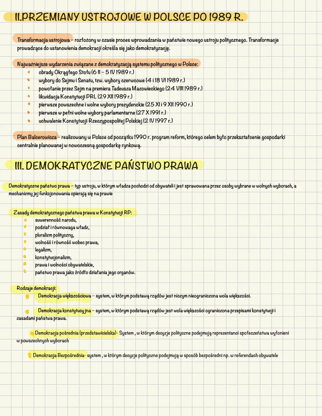 IL.PRZEMIANY USTROJOWE W POLSCE PO 1989 R.
Transformacja ustrojowa - rozłożony w czasie proces wprowadzania w państwie nowego ustroju polity