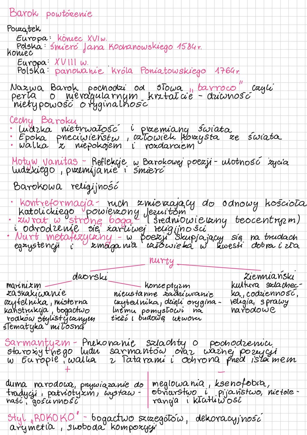Barok powtórenie
Początek
Europa: koniec XVIw.
Polska: śmierć Jana Kochanowskiego 1584 r.
koniec
Europa: XVIII w.
Polska: panowanie króla Po