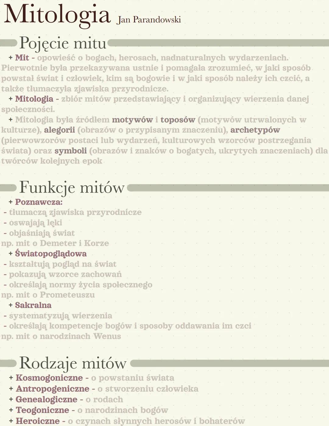 Mitologia
Pojęcie mitu
Jan Parandowski
+ Mit - opowieść o bogach, herosach, nadnaturalnych wydarzeniach.
Pierwotnie była przekazywana ustnie